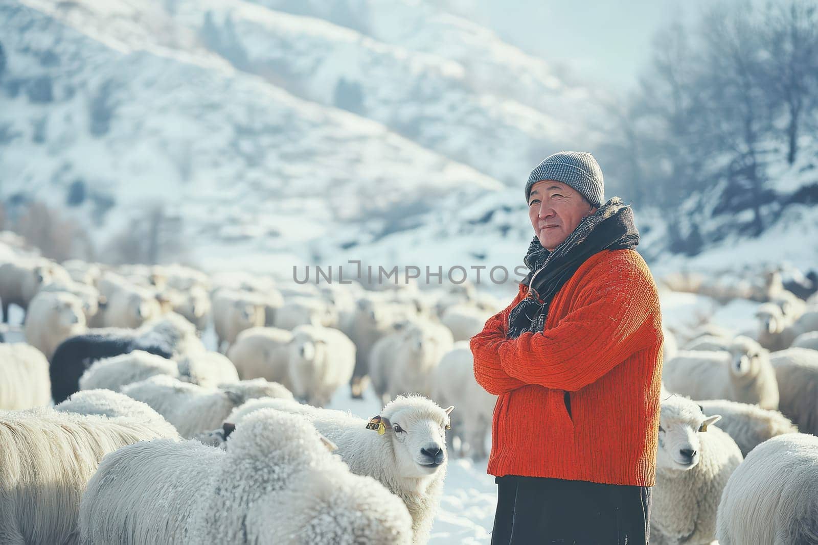 A shepherd stands among a flock of sheep in a snowy landscape wearing an orange sweater and a wool hat as winter sunlight glimmers.