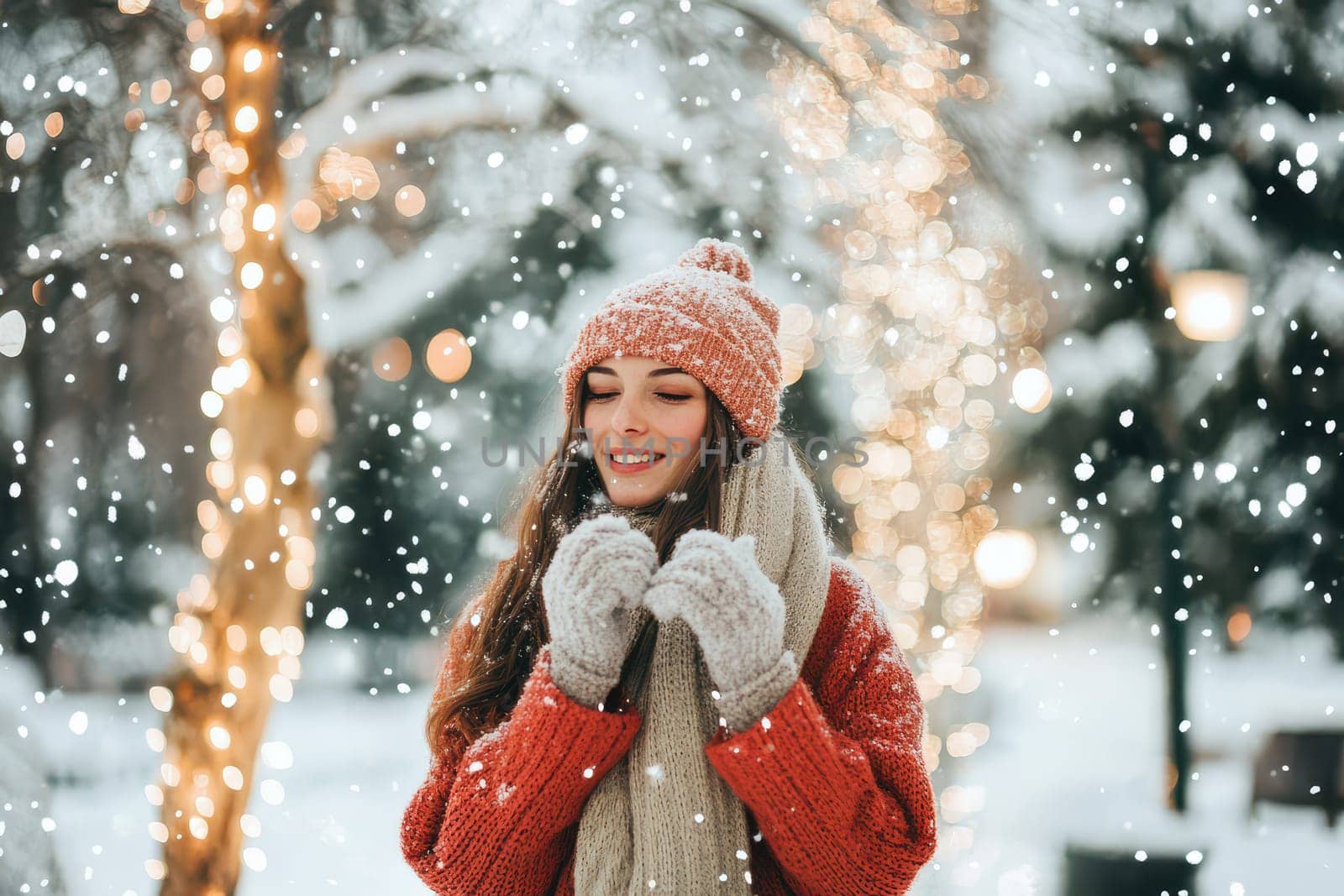 A young woman smiles brightly while standing outside in a snowy landscape surrounded by lights and winter decorations.