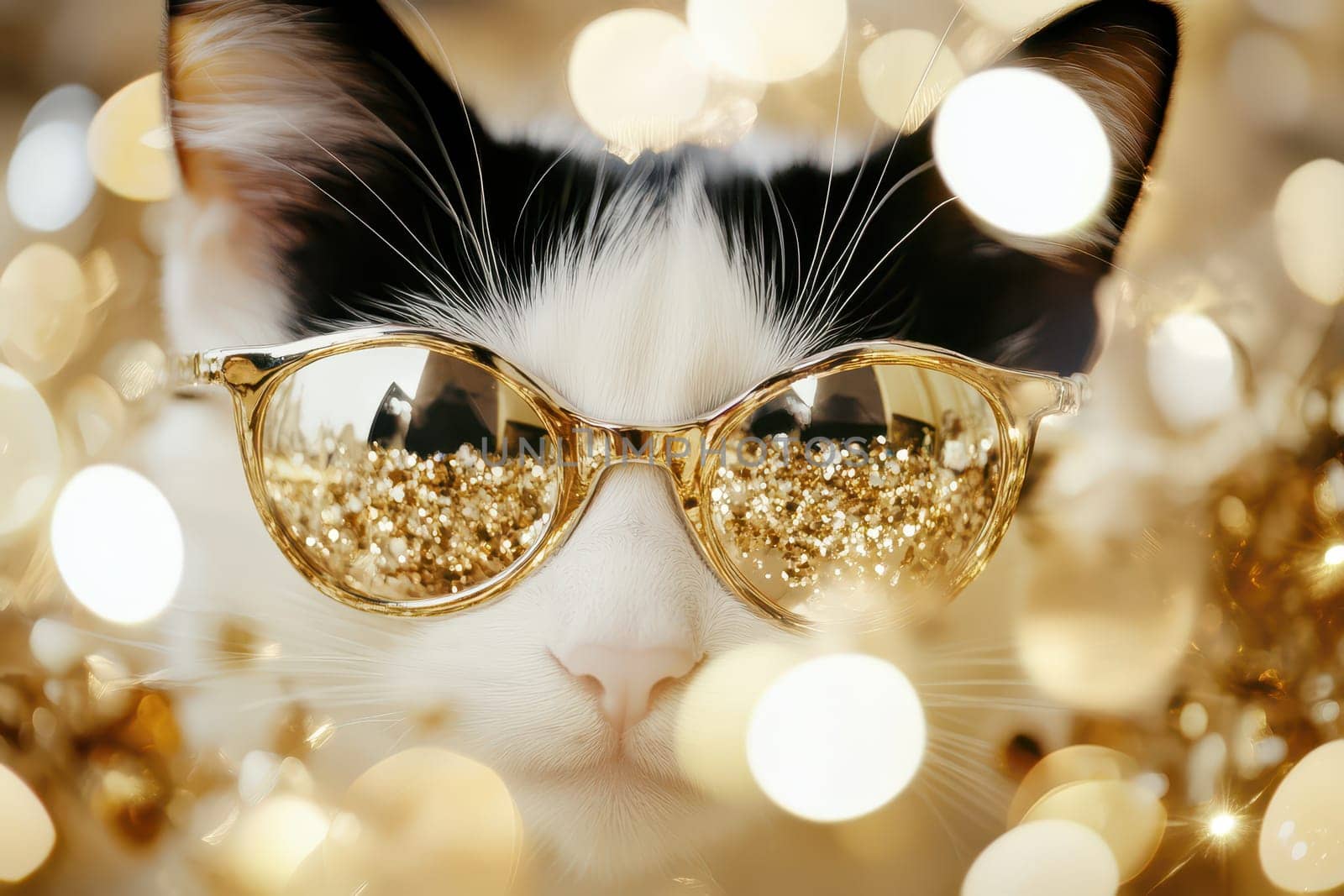 A charming cat showcases stylish gold sunglasses while surrounded by twinkling golden decorations radiating a fun and festive vibe.