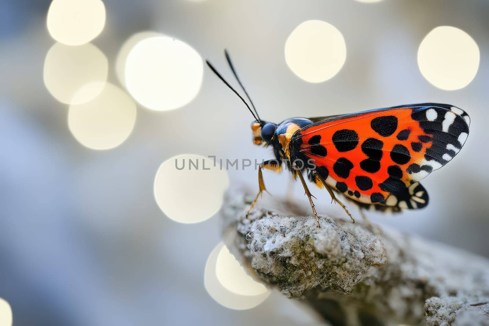 A vibrant butterfly with orange and black patterns sits on a rock under soft daylight surrounded by a blurred background.