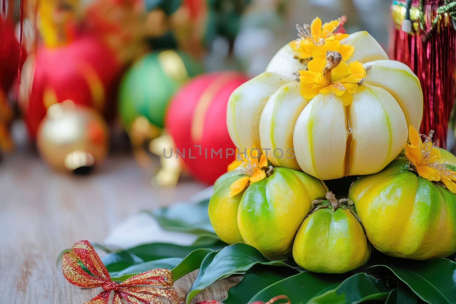 A vibrant arrangement of pumpkins adorned with yellow flowers surrounded by holiday decorations at a celebration.
