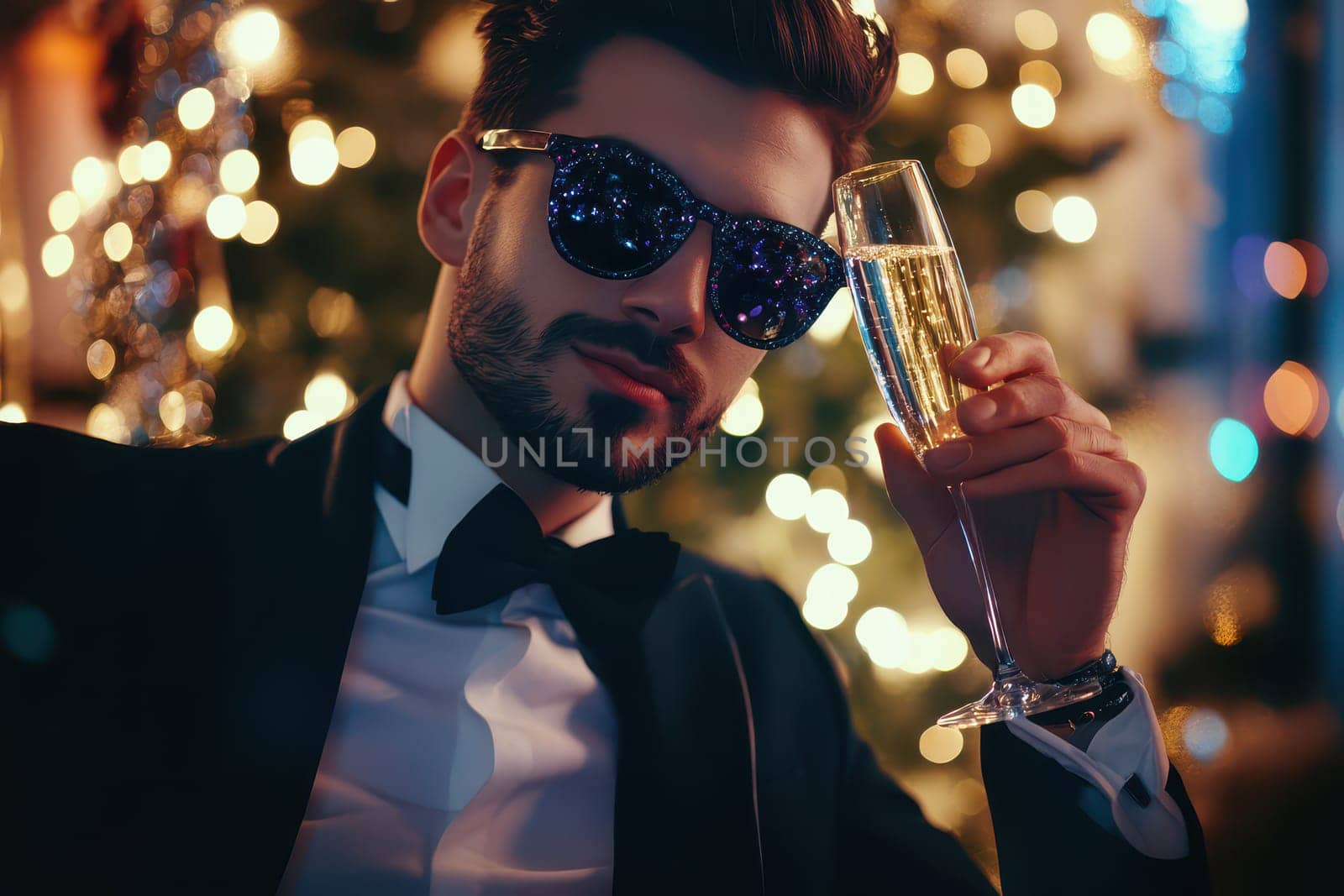 A well dressed man toasts with a sparkling drink while sitting near a beautifully decorated Christmas tree enjoying the festive atmosphere.