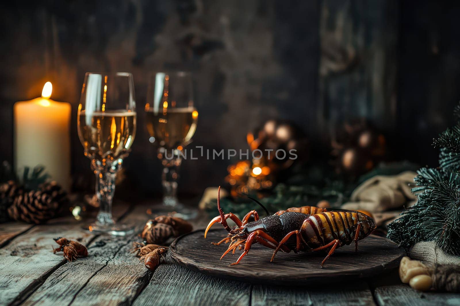 A beautifully arranged seafood platter features lobsters with candles and champagne glasses creating a warm holiday atmosphere.
