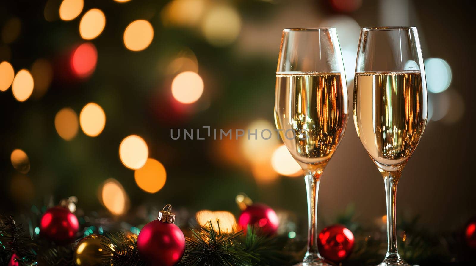 Two elegant glasses of champagne sit near colorful holiday decorations and twinkling lights creating a festive atmosphere for celebration.