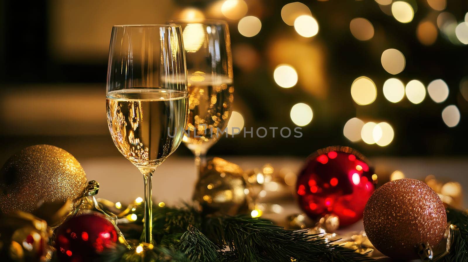 Two glasses of champagne are placed beside colorful ornaments creating a festive atmosphere for the holiday season.