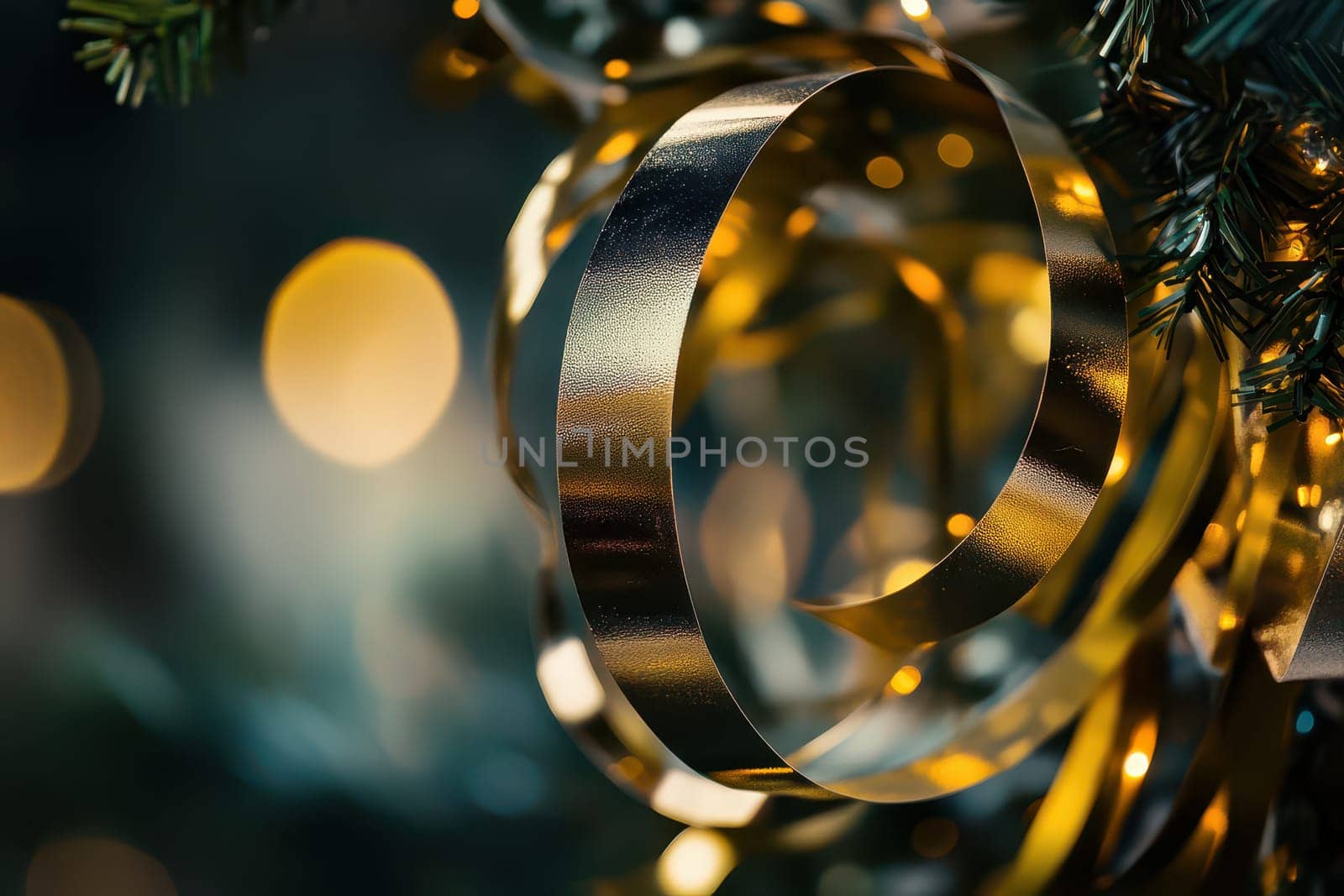Golden ribbons elegantly adorn a festive setting adding charm to holiday decorations and creating a warm cheerful ambiance.