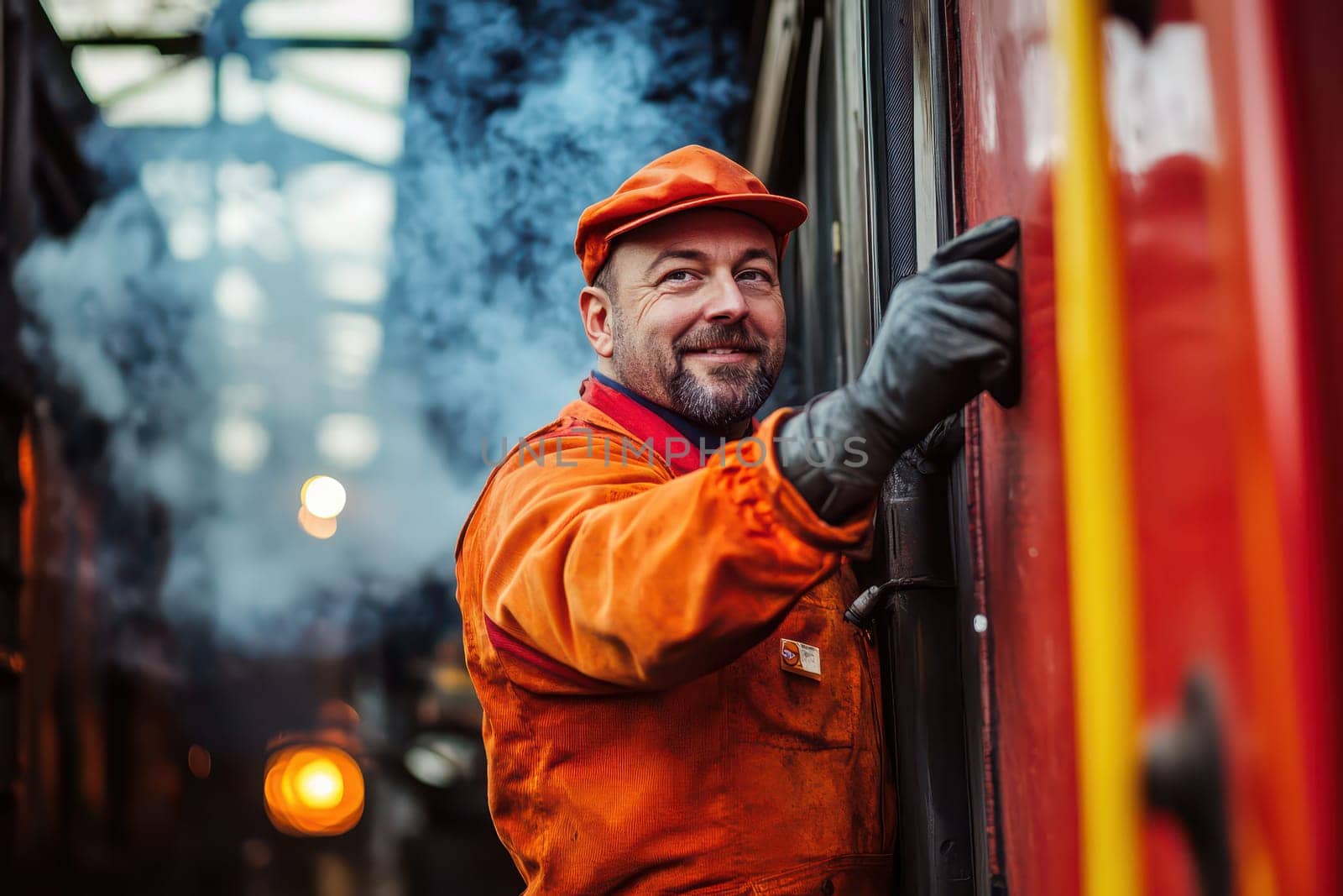 A man in an orange uniform smiles while operating a vintage train in a bustling railway station surrounded by steam and warm lights.