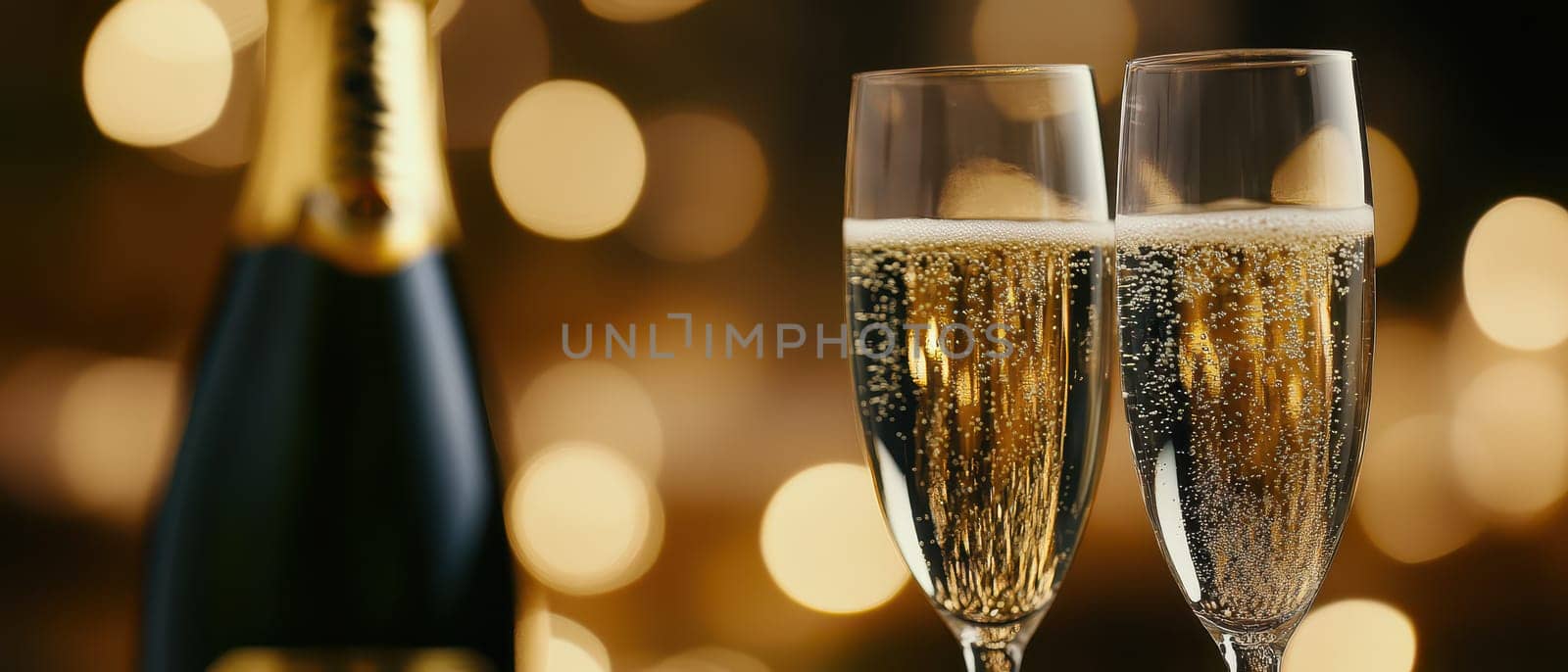 Two sparkling glasses of champagne sit elegantly next to a bottle perfect for a celebratory toast at a festive event.