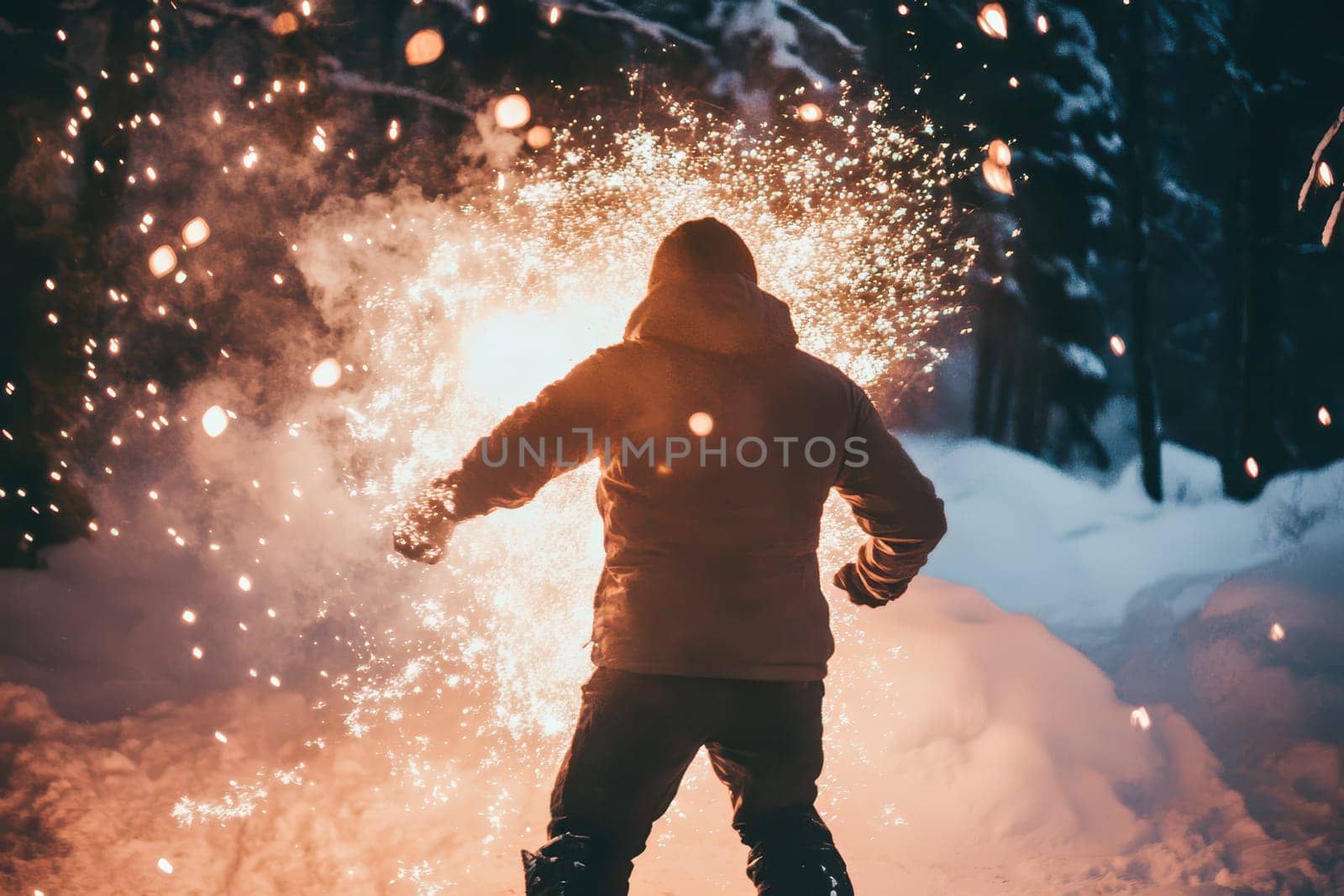 A man stands amidst a snowy forest surrounded by sparkling fireworks creating a magical atmosphere during a winter night.