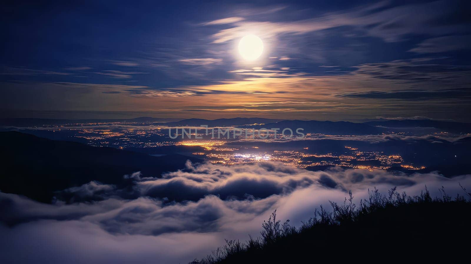 A breathtaking view of a city illuminated at night with a full moon shining brightly over clouds in the foreground and hills in the background.