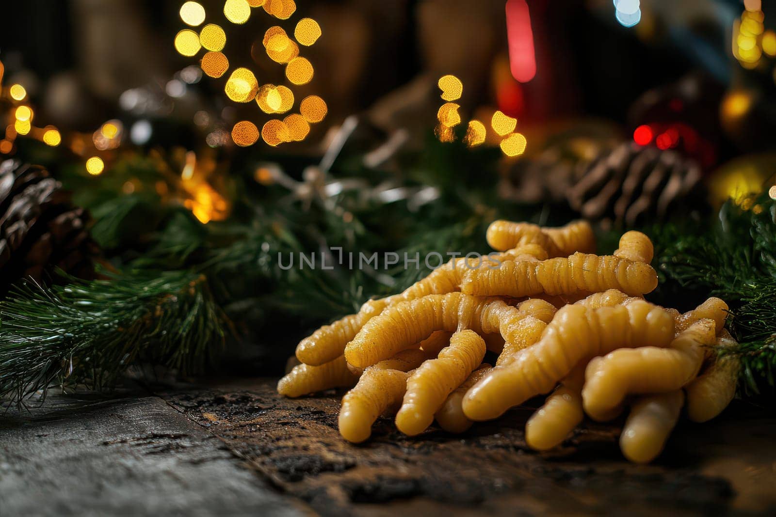 A pile of unique yellow candy rests on a wooden table surrounded by festive decorations and warm twinkling lights.