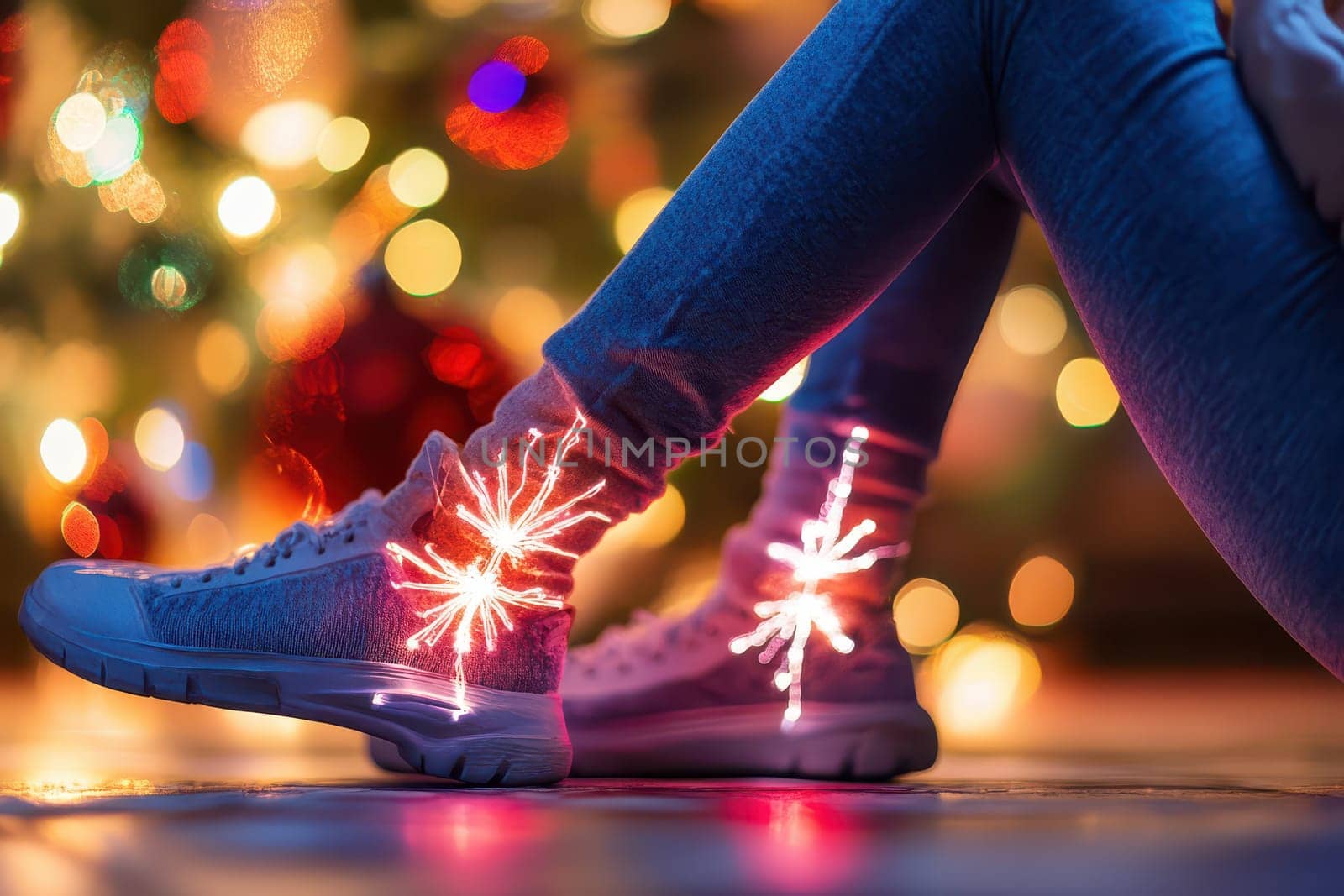 A person sits wearing sneakers adorned with colorful lights next to a beautifully decorated Christmas tree sparkling with ornaments.