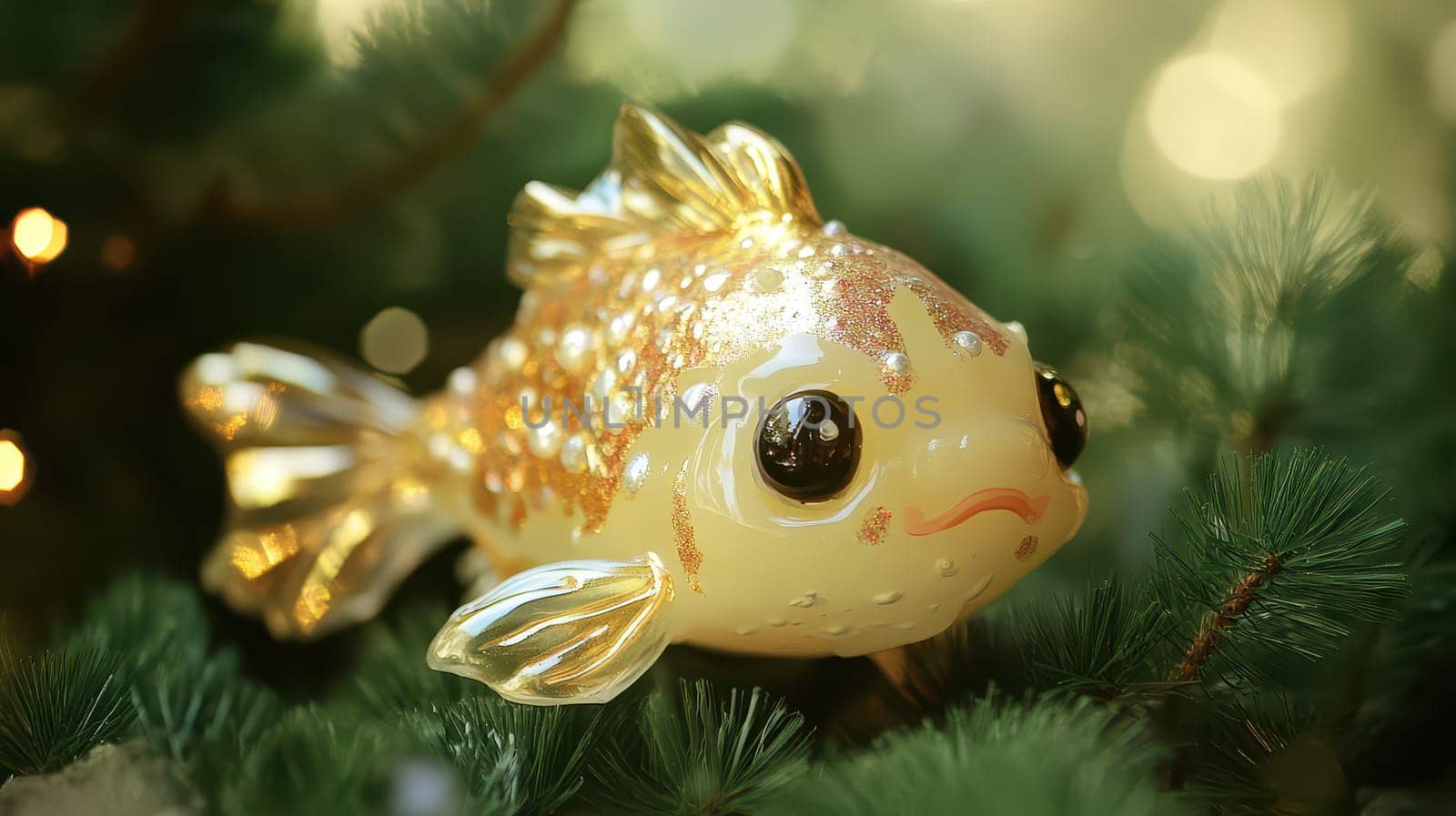 A shiny golden fish ornament rests among green pine branches glowing softly in the warm holiday light for a festive atmosphere.