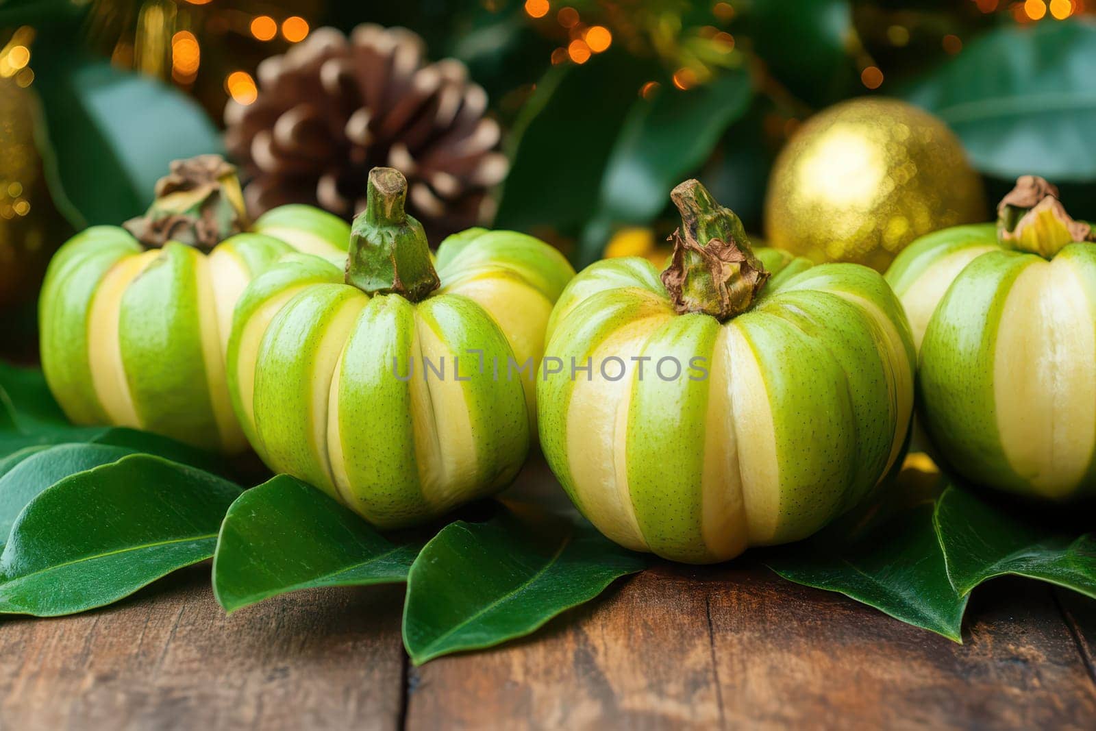 Four green pumpkins with striped patterns are arranged on a wooden surface surrounded by leaves and holiday decorations for a festive feel.