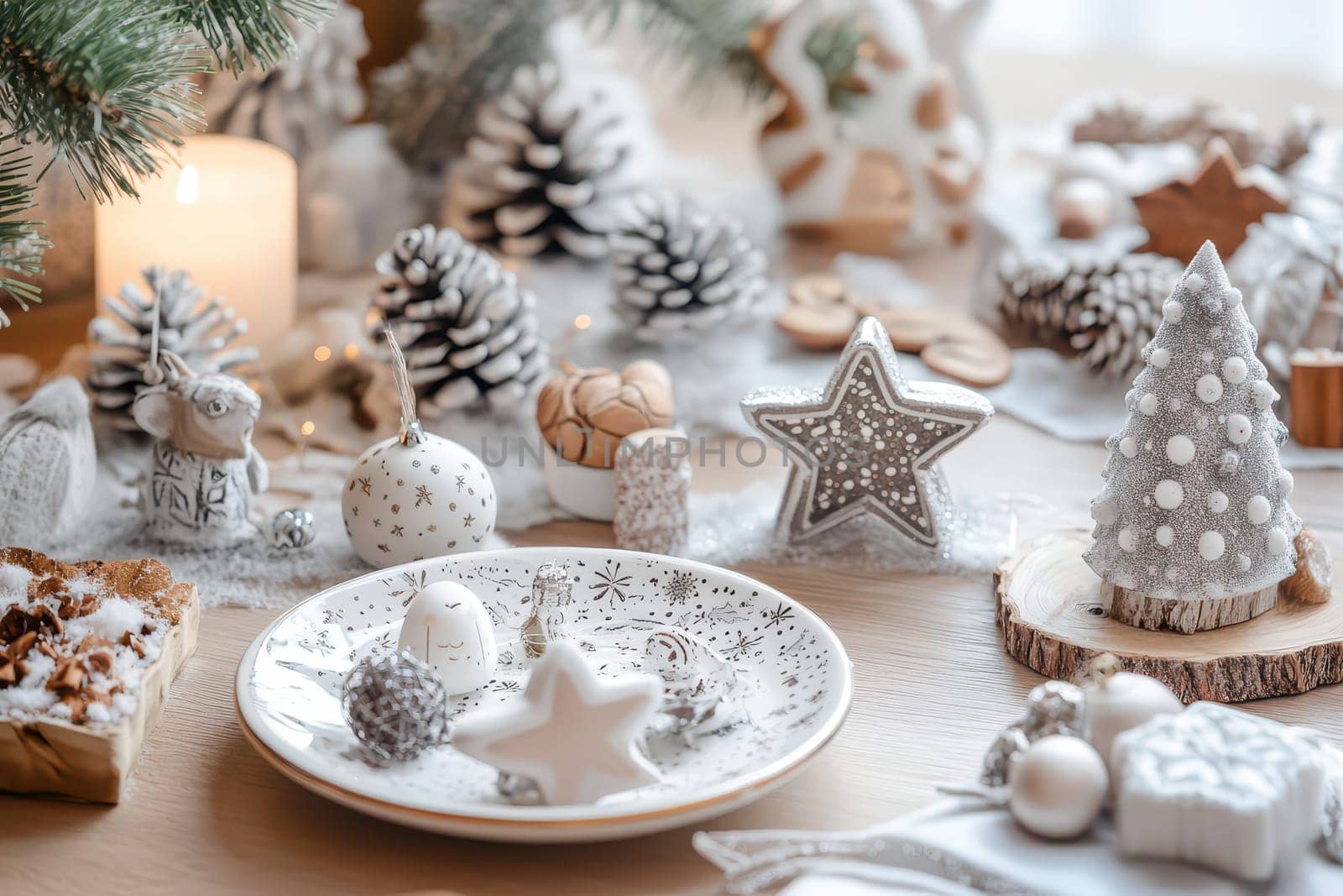 A charming display of winter holiday decorations features snow themed ornaments and treats for a cozy celebration at home.