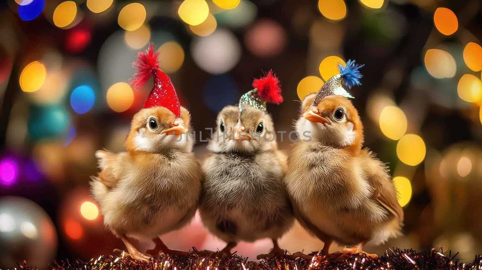 Three adorable chicks are dressed in tiny party hats celebrating amid colorful bokeh lights and seasonal decorations.
