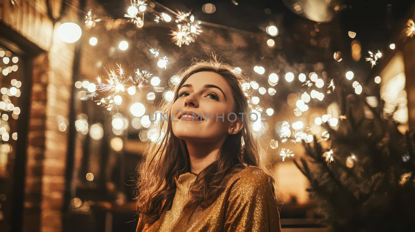 A young woman smiles as she admires sparkling lights during an evening outdoor gathering filled with joy and celebration.