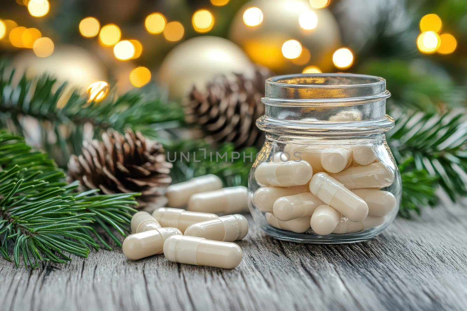 A glass jar filled with white capsules sits on a rustic wooden table surrounded by pine branches and holiday decorations creating a festive setting.