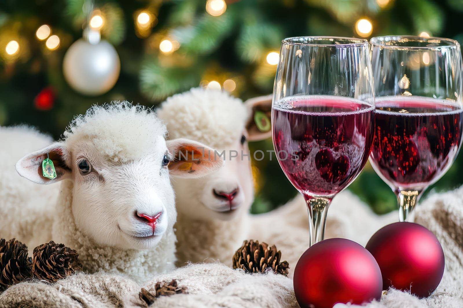 Two adorable lambs rest beside festive decorations and glasses of red wine creating a cozy holiday atmosphere filled with cheer.