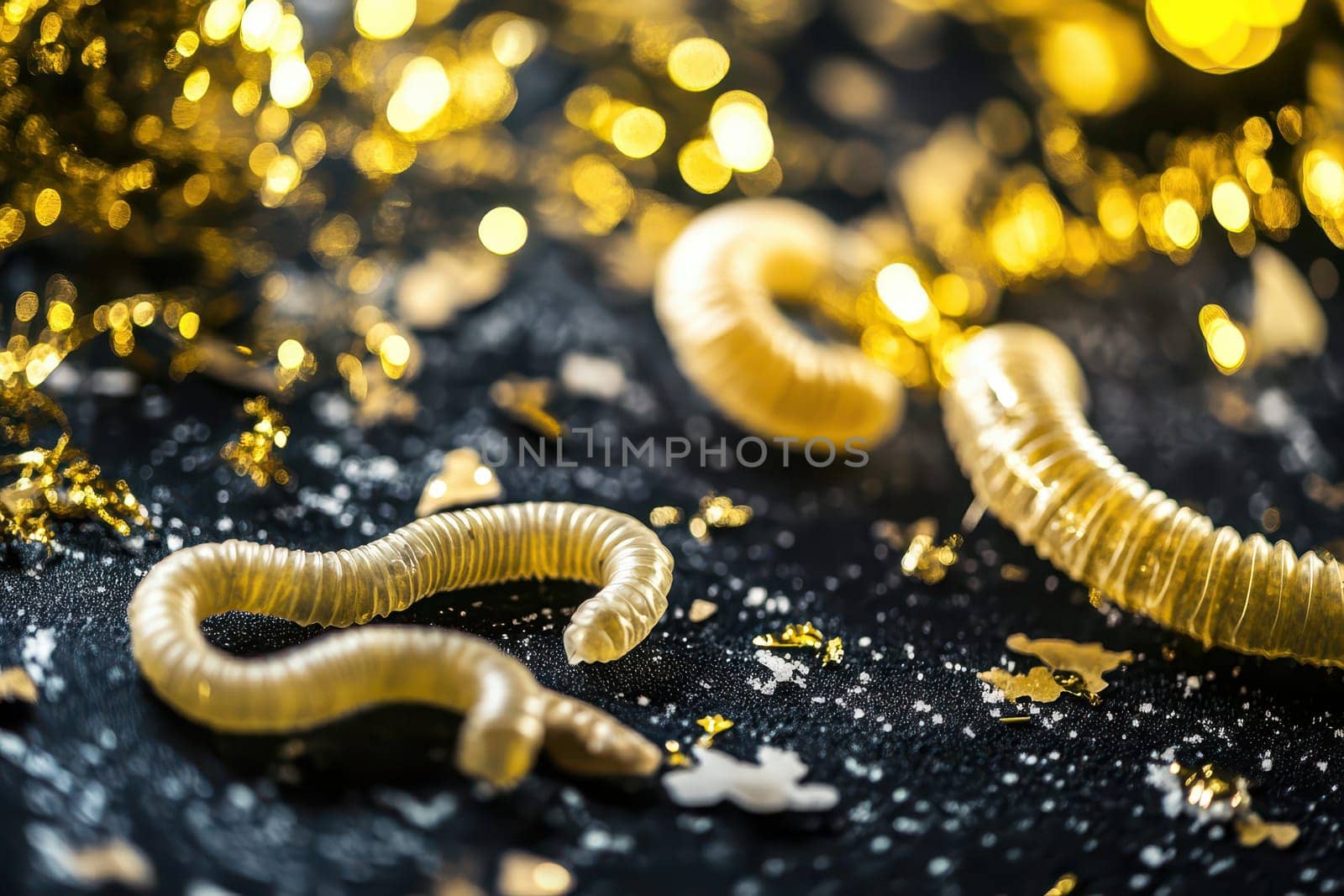 Golden colored worms rest on a dark sparkly surface surrounded by festive confetti creating a magical party atmosphere.