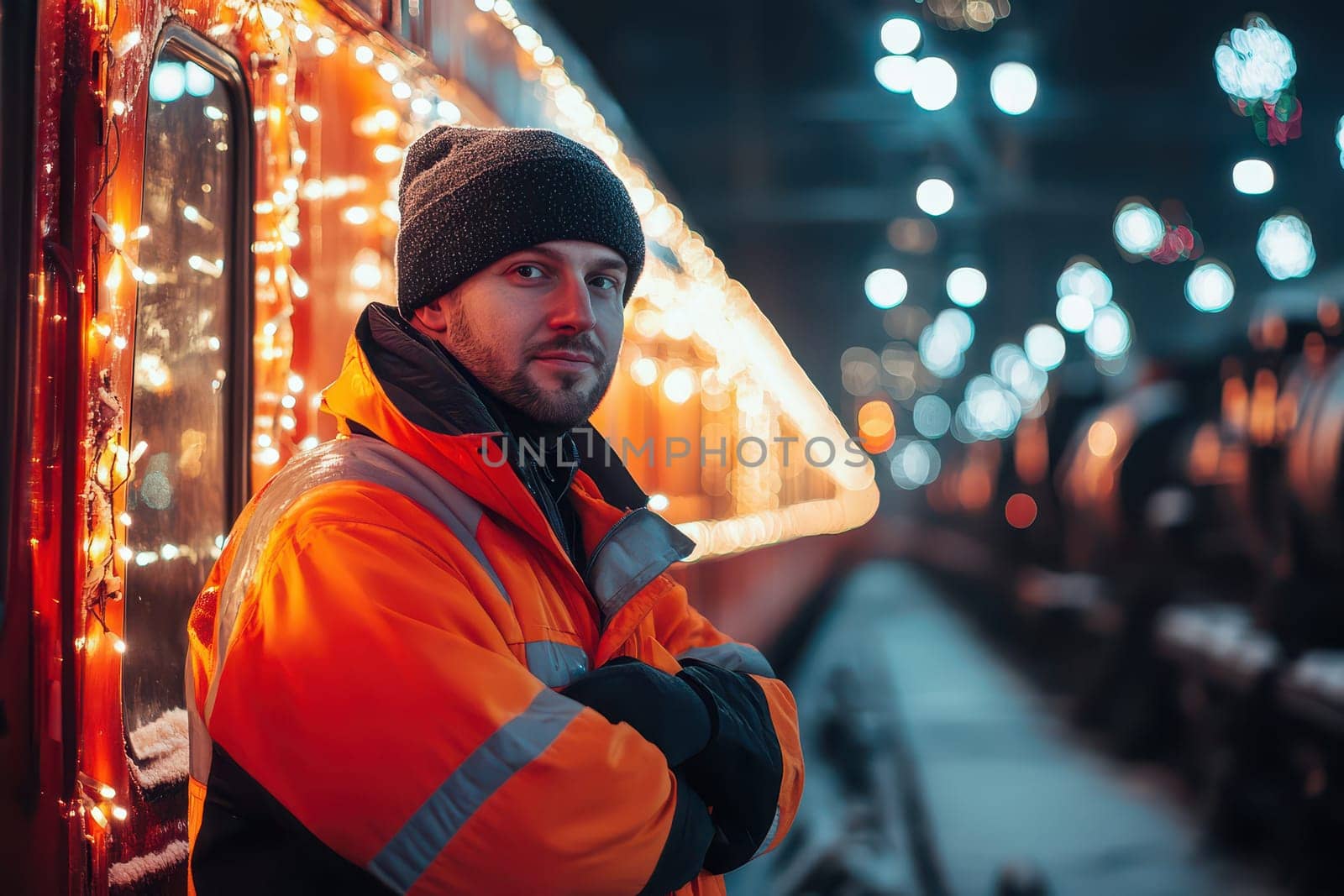 A man in an orange jacket stands confidently near a train adorned with colorful lights during a chilly evening.
