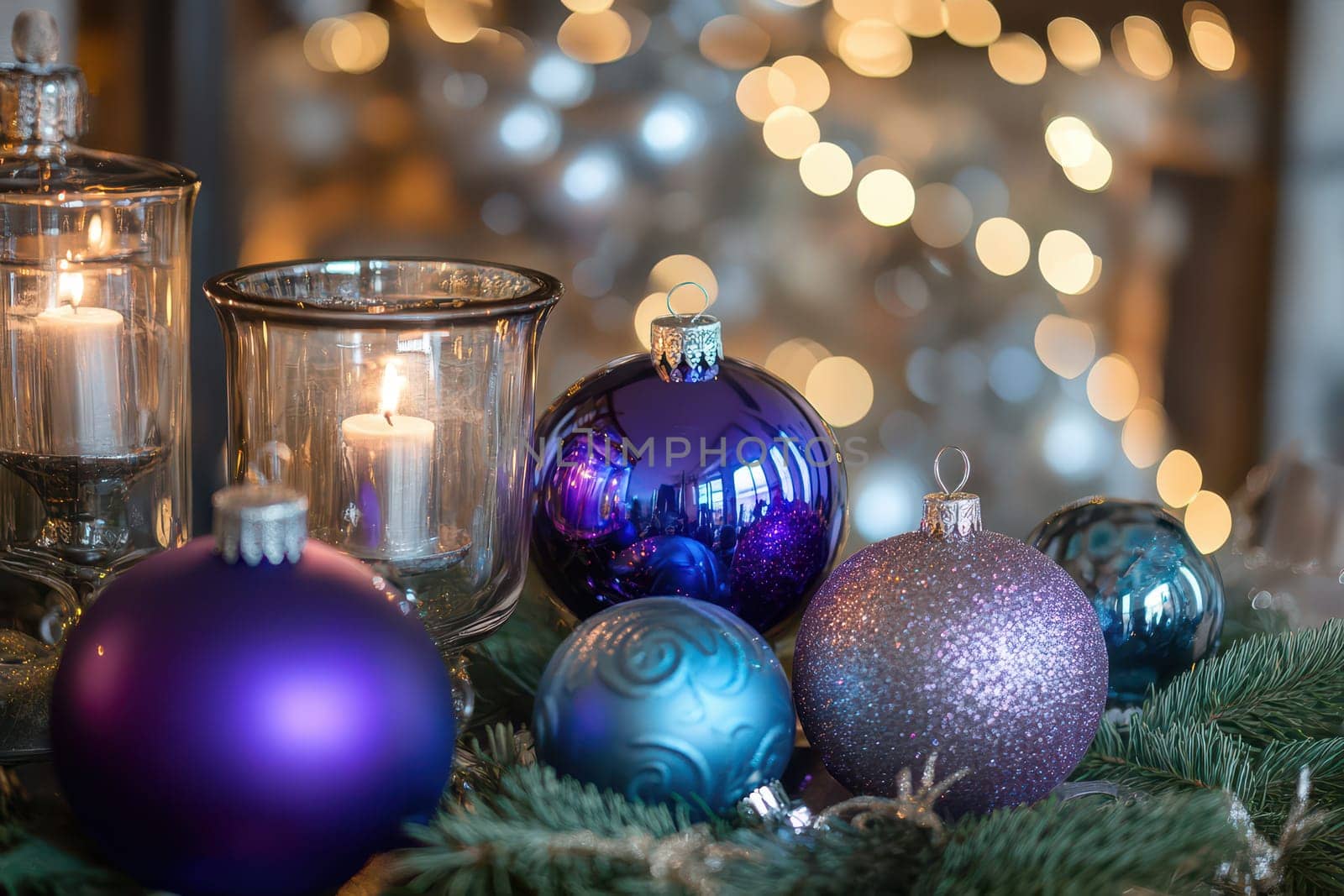 A festive arrangement of shiny Christmas ornaments in various colors alongside glowing candles creating a warm holiday atmosphere.