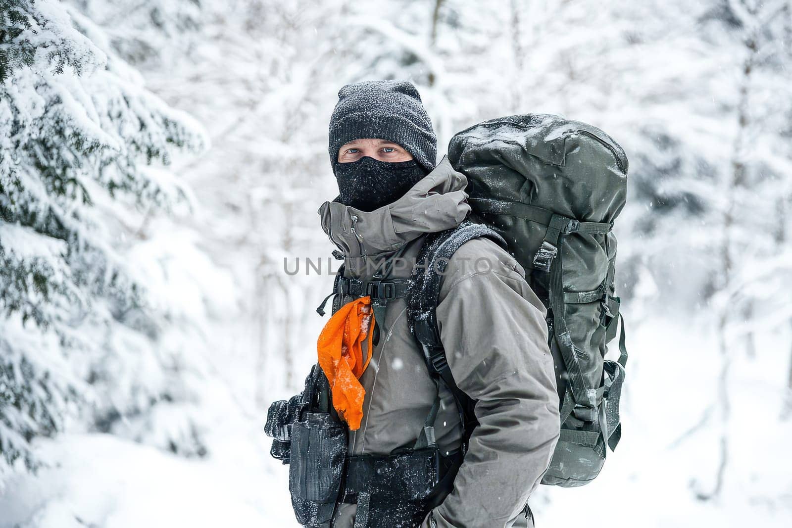 A person stands in a snowy forest wearing warm clothing and a large backpack showcasing a winter hiking adventure in a cold environment.