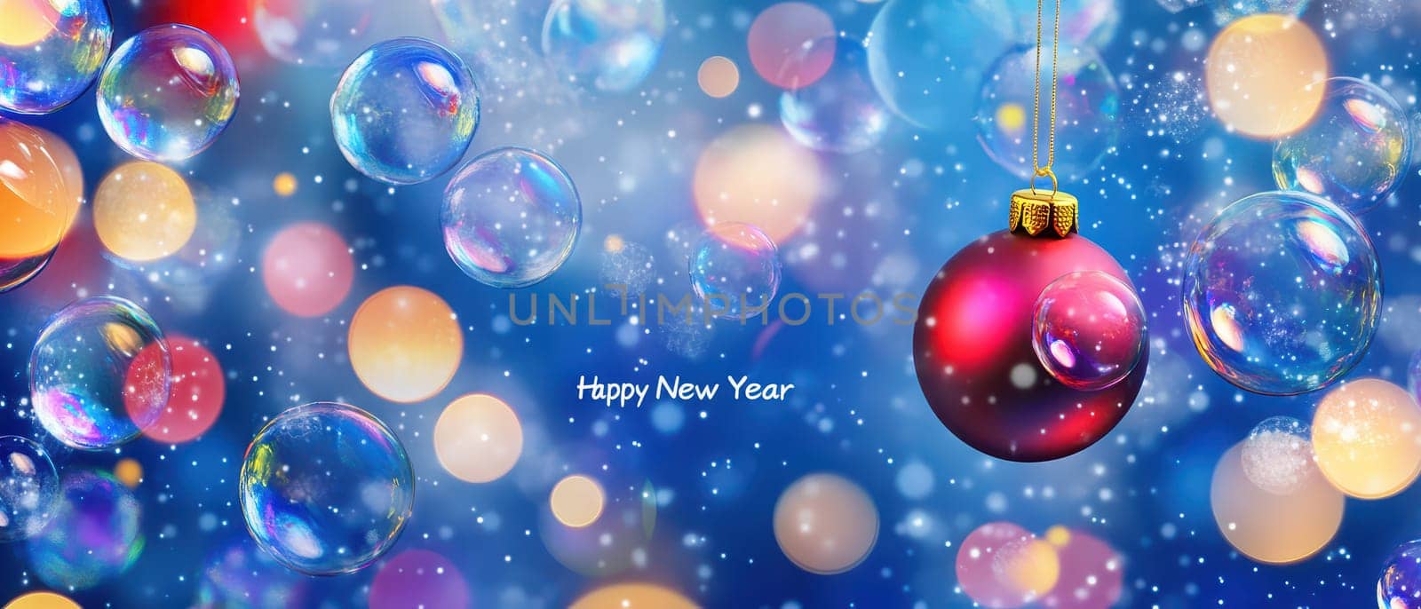 Bright bubbles and a red ornament hang against a blue background creating a festive atmosphere for New Year celebrations.