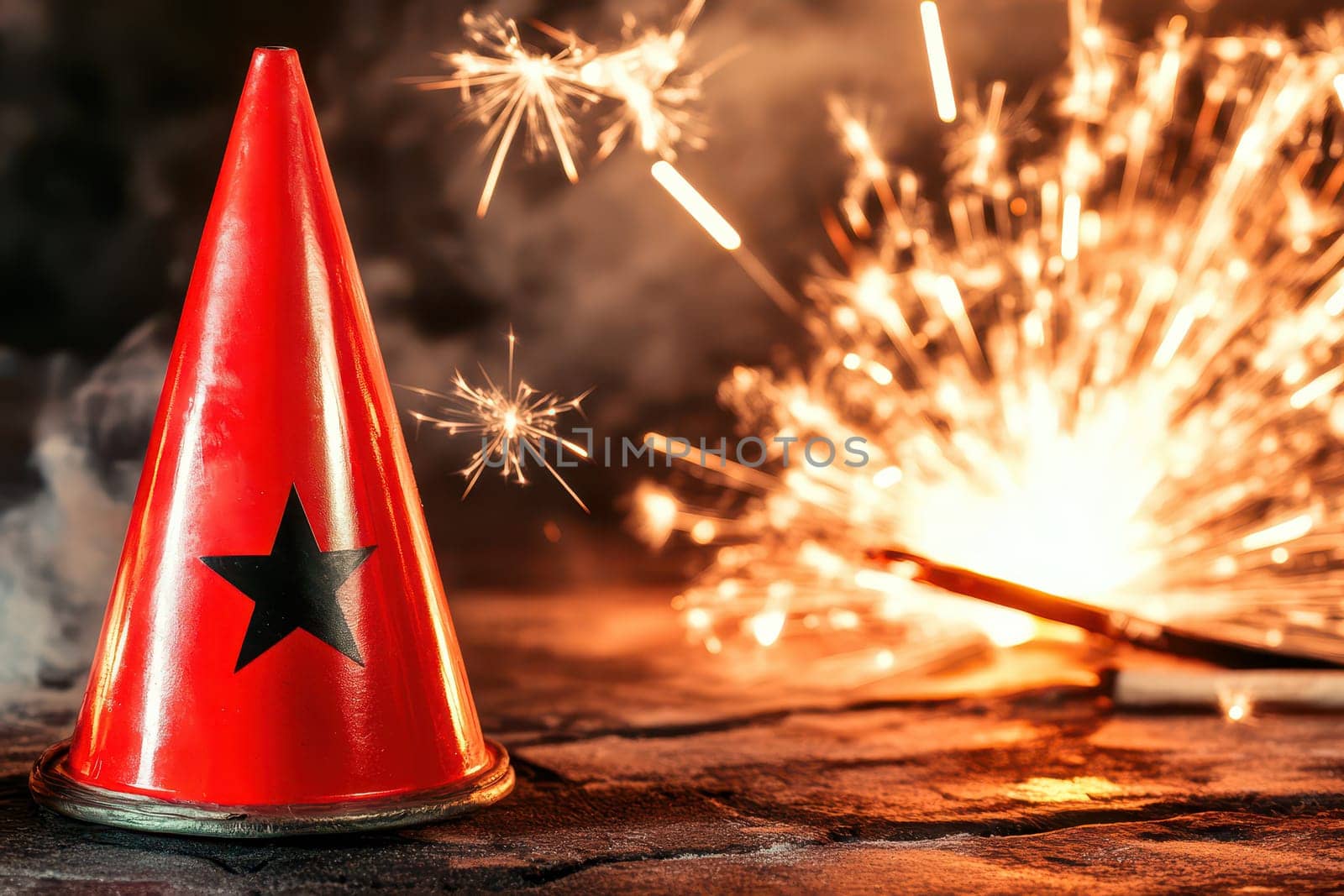 A vibrant red party hat features a black star while dazzling fireworks illuminate the dark surroundings during a festive celebration.