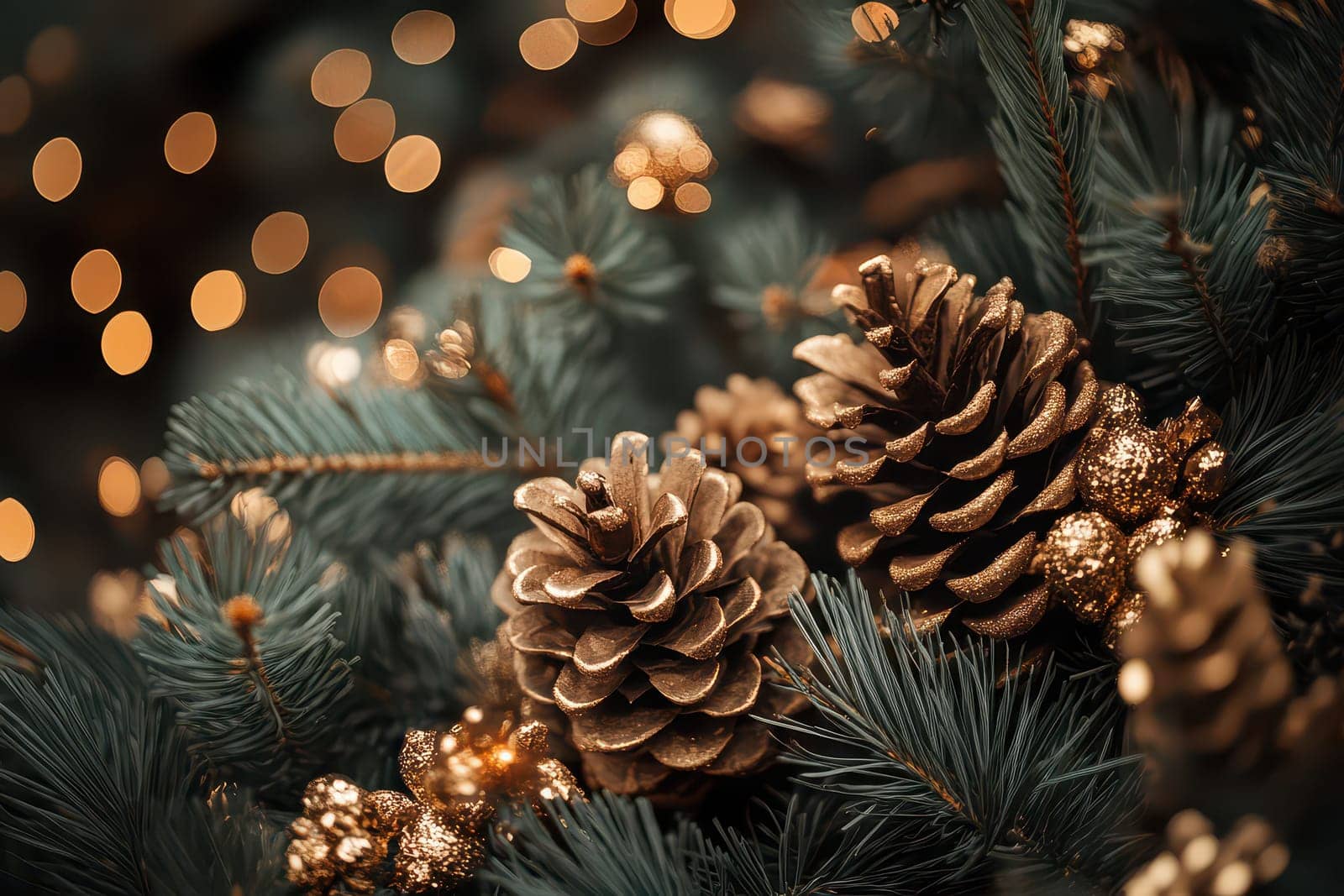Golden pine cones adorn lush evergreen branches with warm twinkling lights creating a cozy holiday atmosphere in winter.