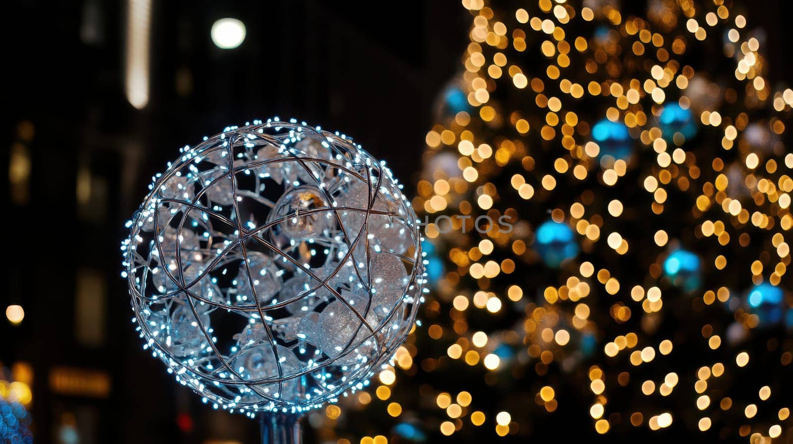 A beautifully lit globe and a towering Christmas tree adorned with bright lights create a magical holiday atmosphere in the city at night.