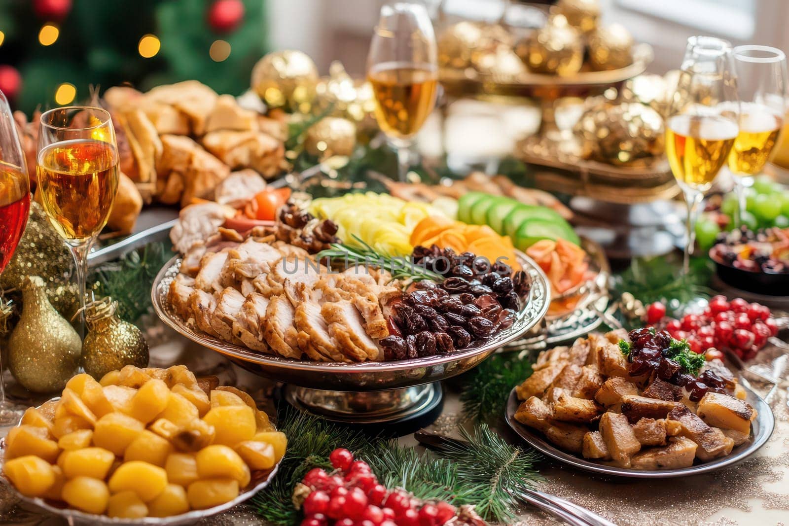 A festive table is filled with an array of delicious foods and drinks ideal for holiday gatherings and celebrations with friends or family.
