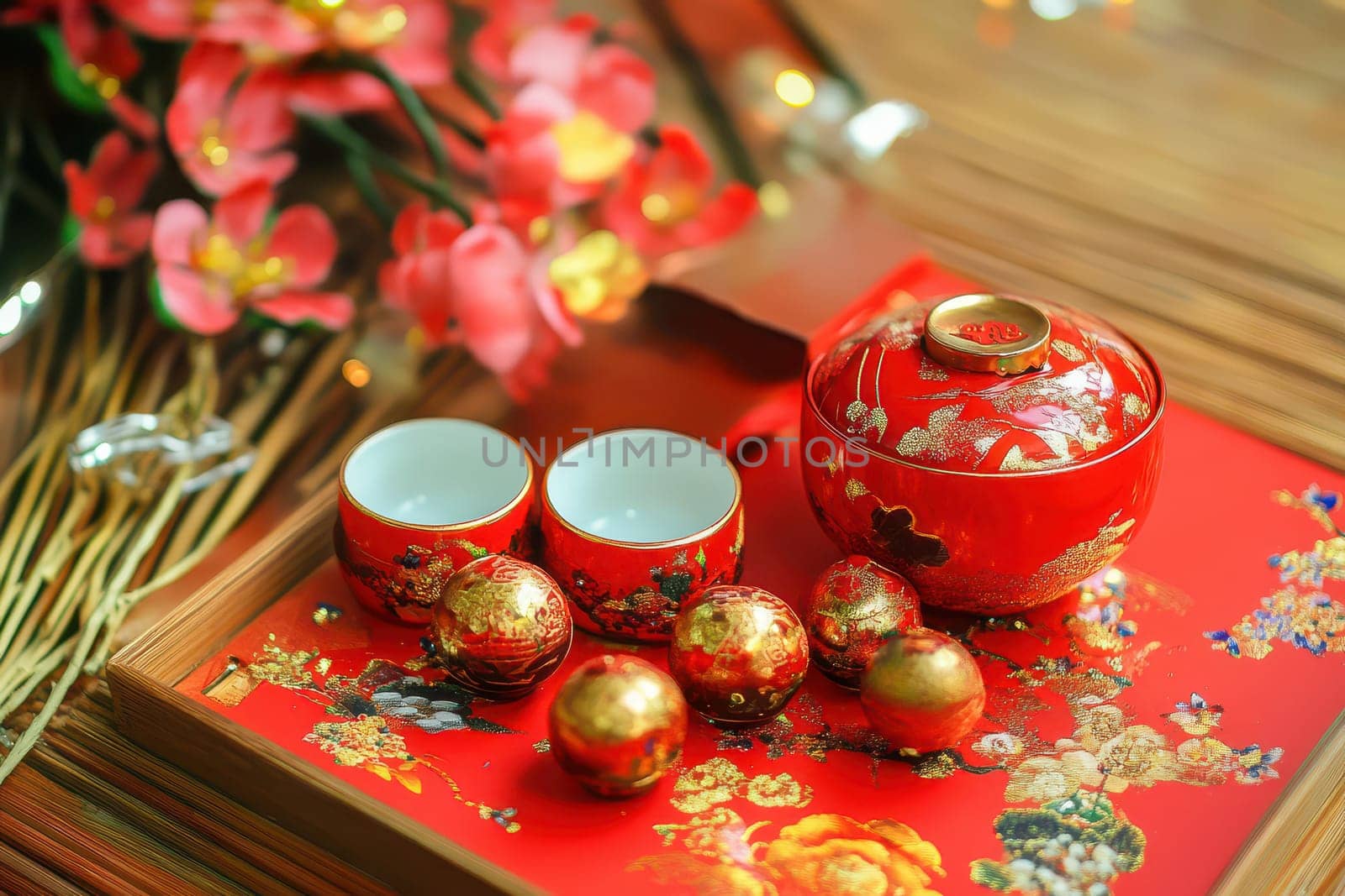 This setting features a beautiful red tea set with two cups golden eggs and vibrant flowers arranged on an ornate tray.