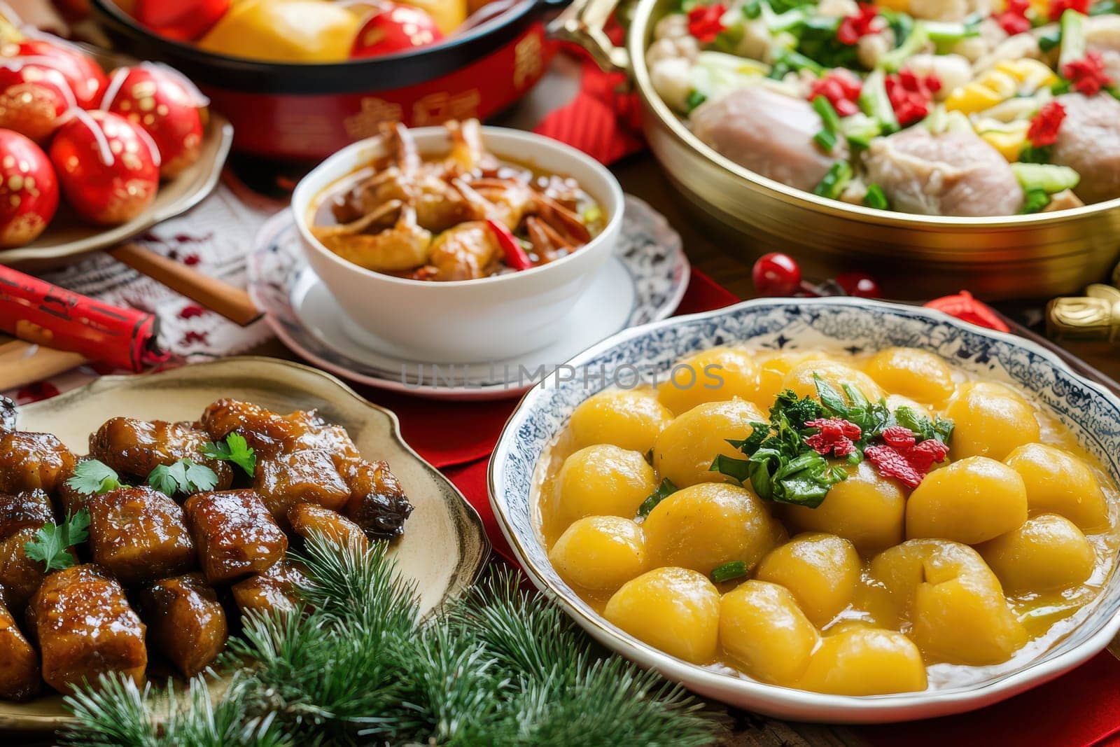 A beautifully arranged festive dining table featuring diverse dishes showcasing a celebration with family favorites and seasonal ingredients.