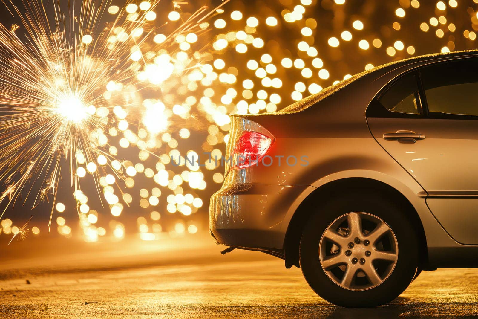 A silver car is parked on a wet street while colorful fireworks explode creating a vivid display of lights against the night sky.
