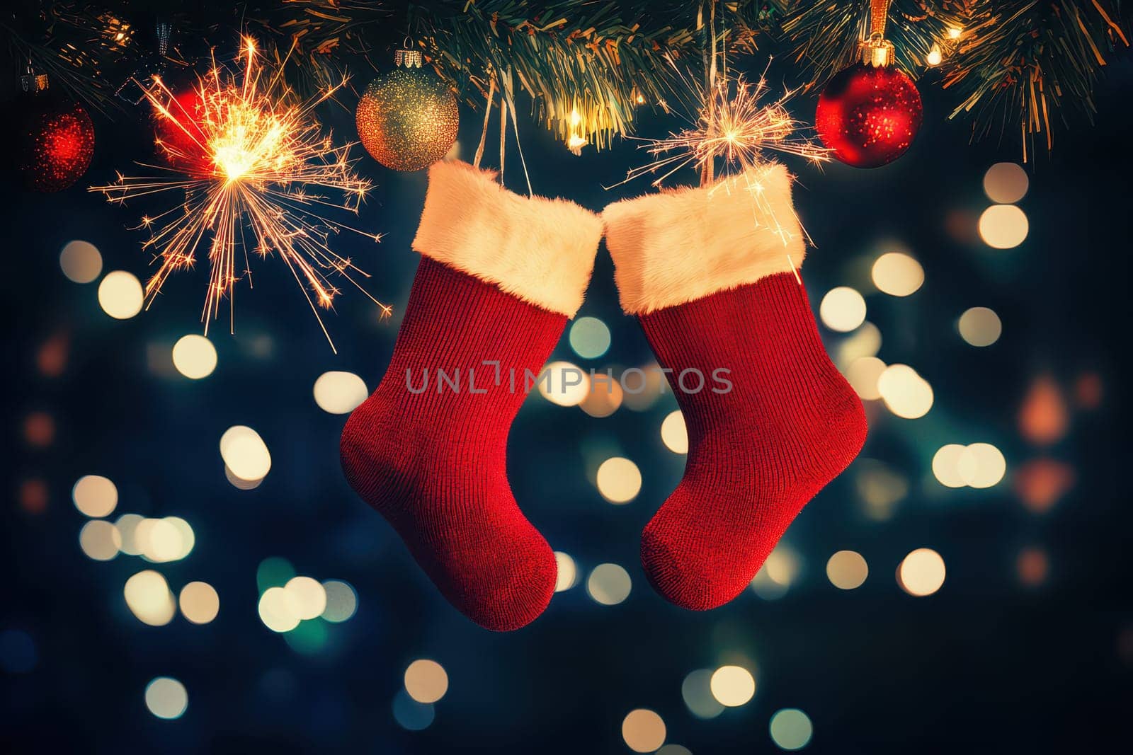 Two red Christmas stockings with white fur trim hang from a holiday tree surrounded by shimmering lights and ornaments.