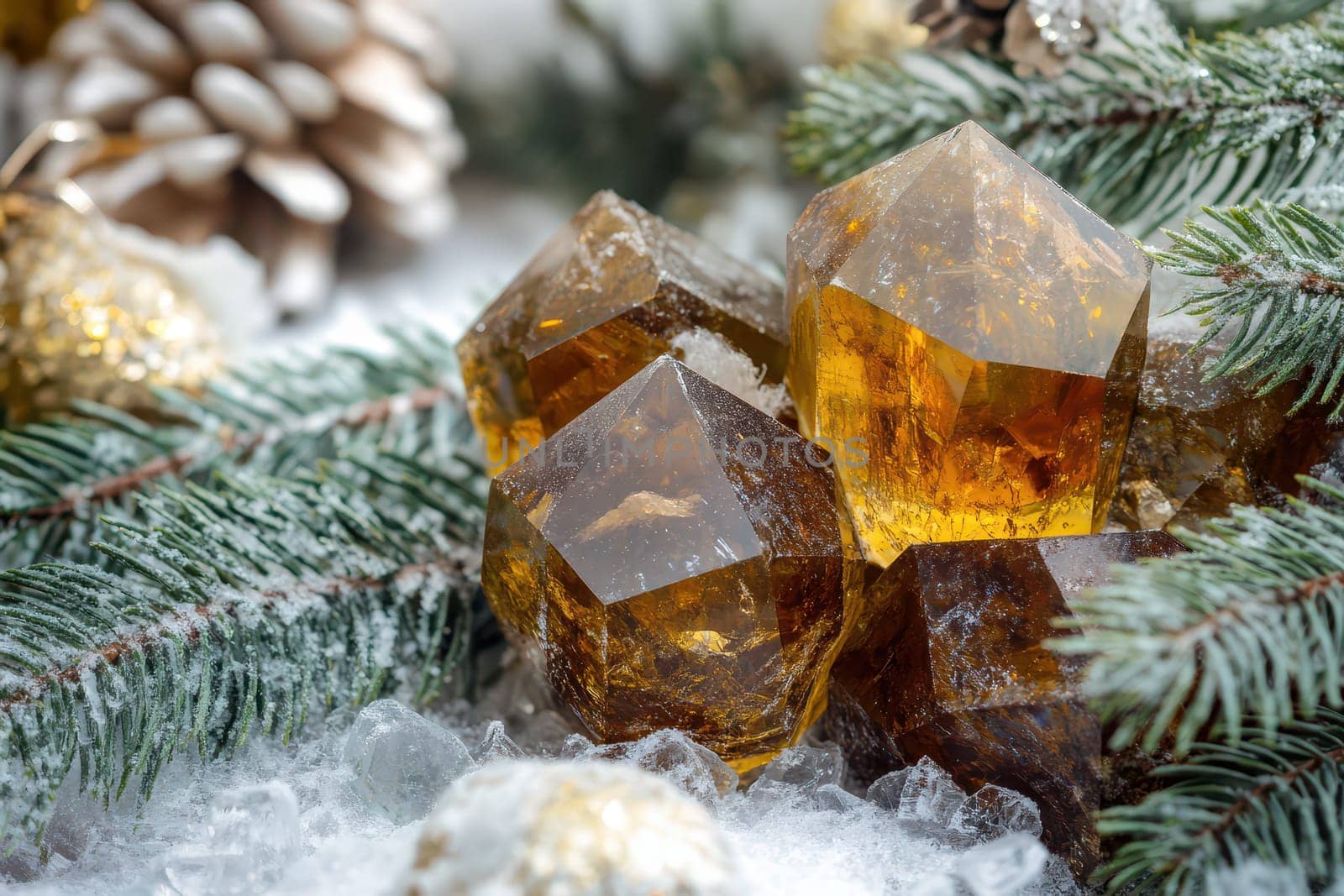 Glimmering amber crystals are arranged on frosted pine branches creating a festive winter display with natural elements.