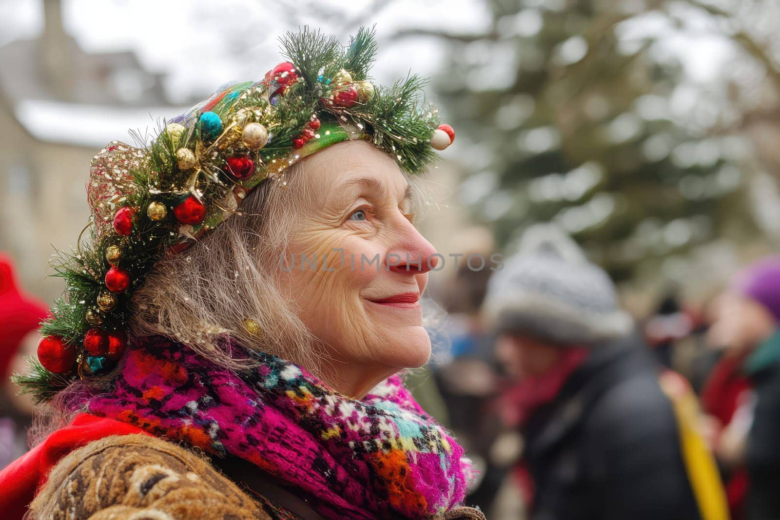 A happy woman wearing a colorful scarf and a decorated crown smiles during a winter festival in a snowy town gathering.