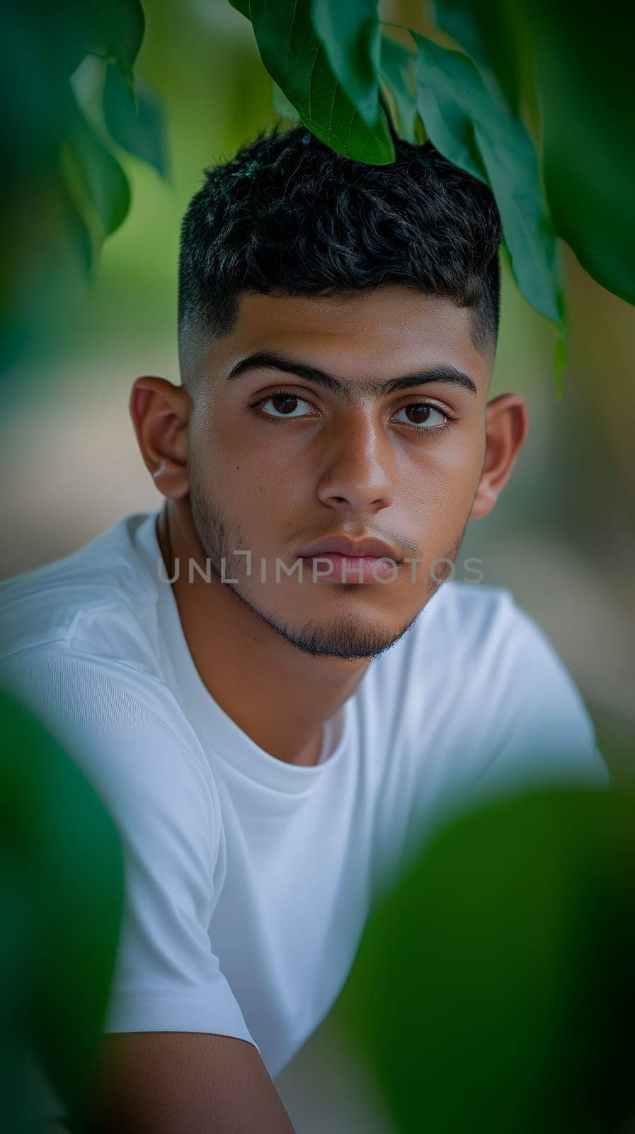 A young man gazes thoughtfully amidst lush greenery, conveying a sense of calm and contemplation.