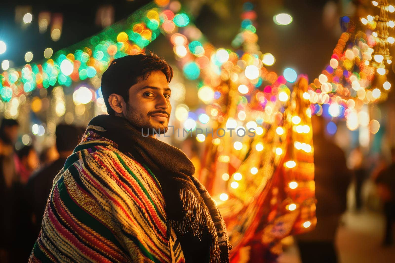 A young man wrapped in a vibrant blanket smiles as he admires the twinkling festival lights all around him in a bustling atmosphere.
