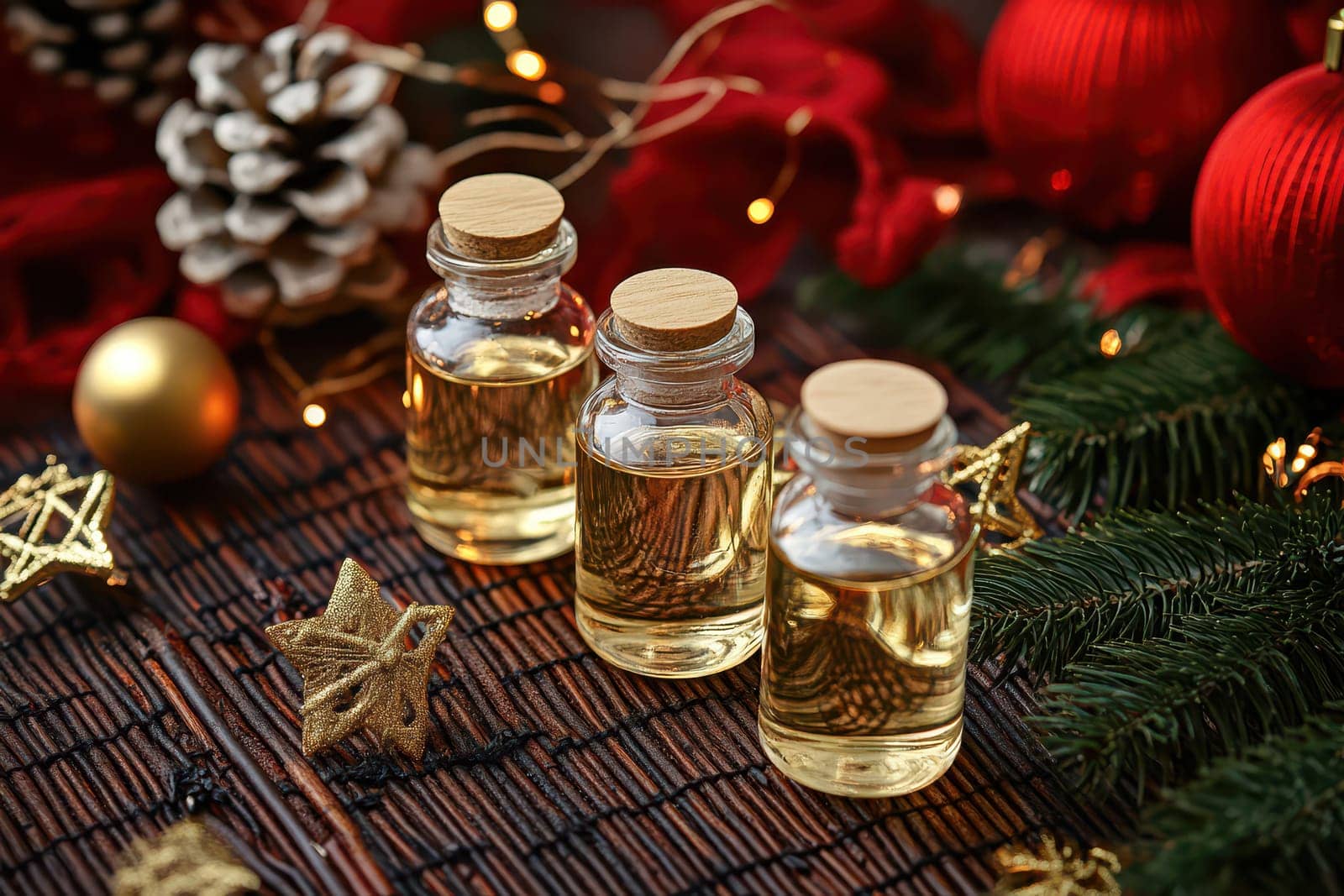 Three small glass bottles filled with essential oils are displayed among festive decorations like pinecones and gold ornaments.