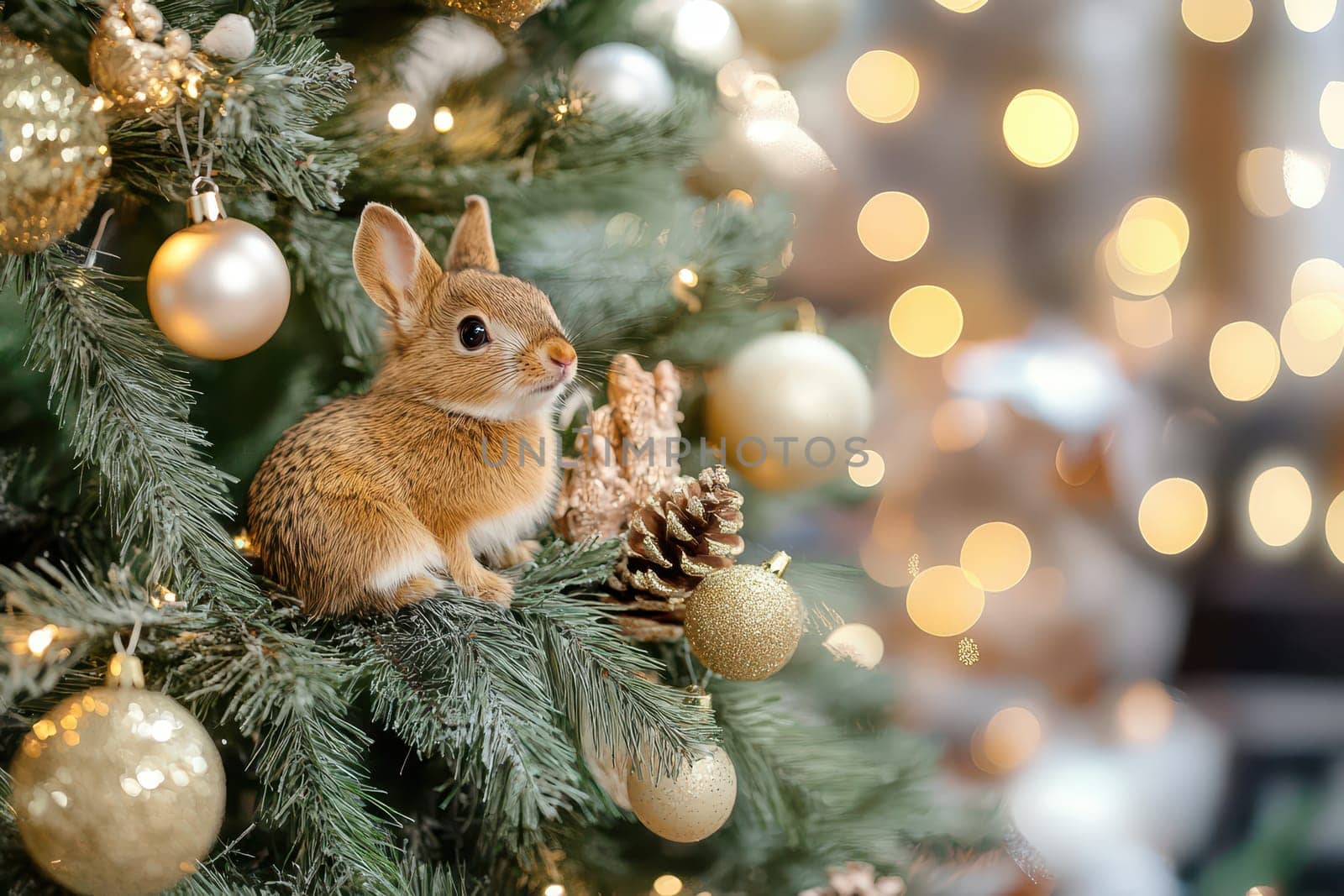 A small rabbit sits gracefully on the branches of a decorated Christmas tree with sparkling ornaments and warm lights in the background.