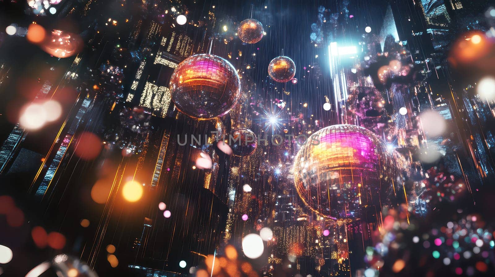 Bright spheres and lights fill a vibrant digital cityscape with a mix of colors creating a lively futuristic atmosphere.