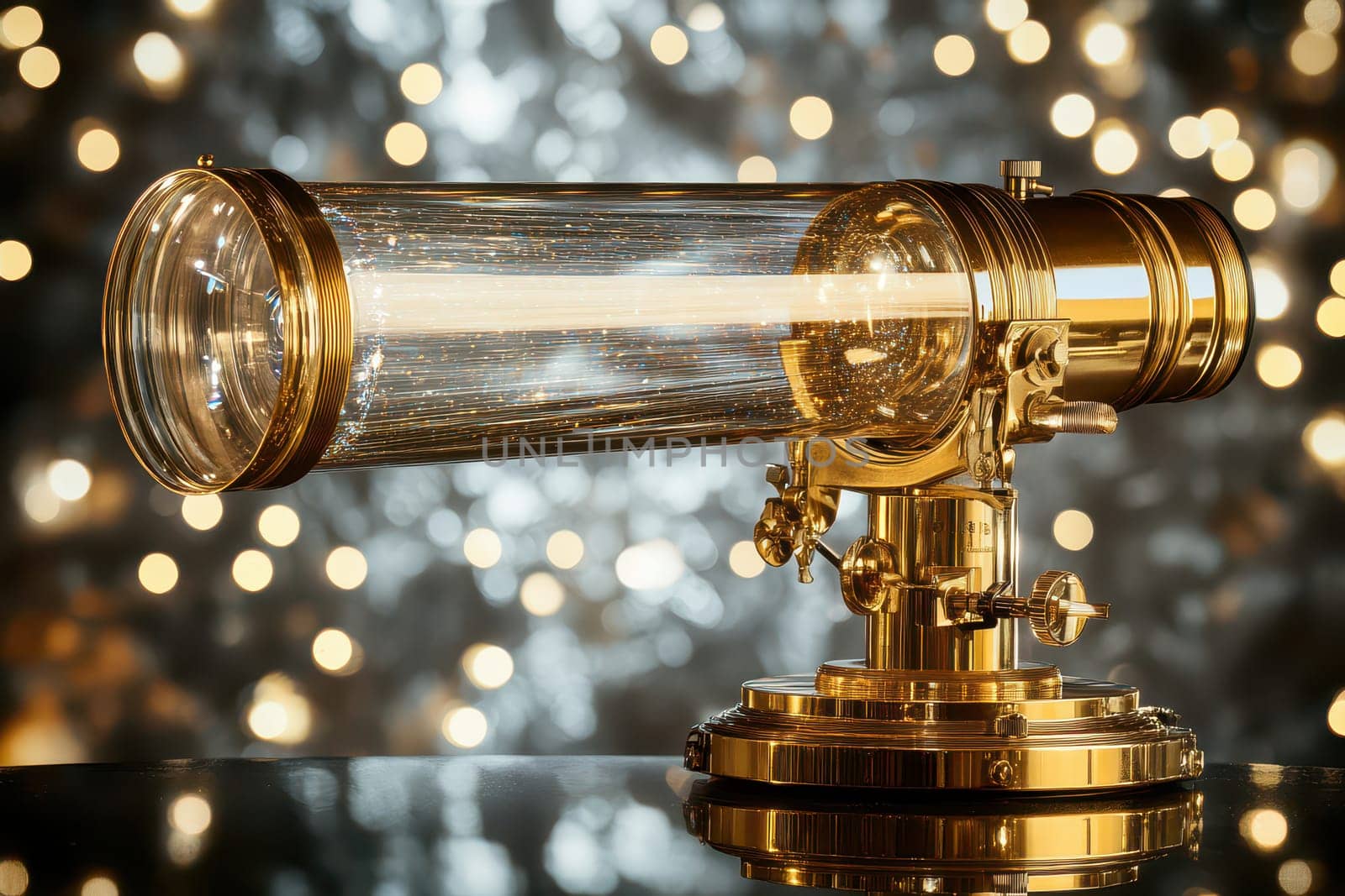 A beautifully crafted brass telescope sits on a reflective surface with a dreamy bokeh background of soft lights creating an enchanting atmosphere.