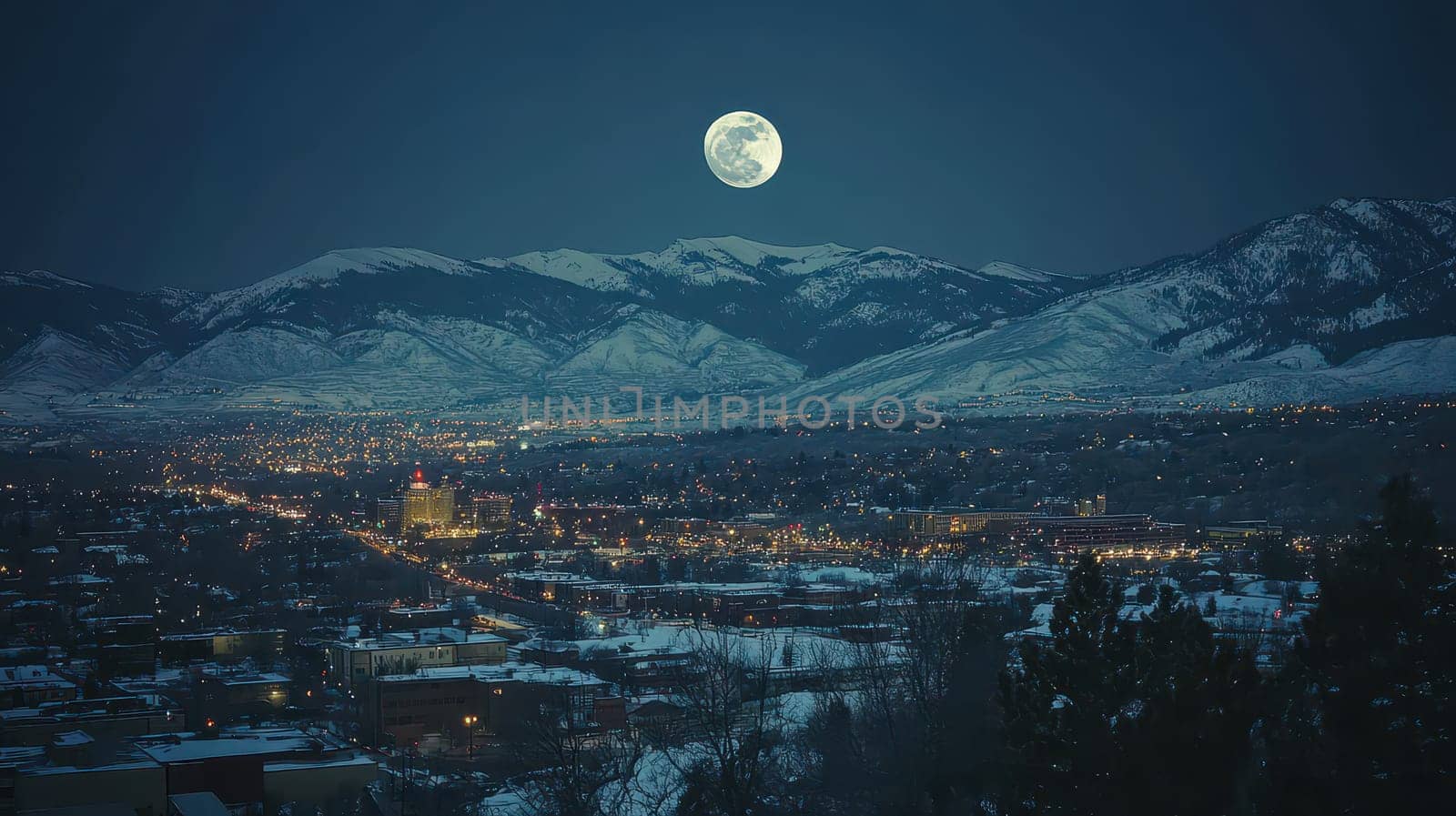 A bright full moon shines over a snowy town surrounded by mountains casting a beautiful glow on the peaceful landscape below.