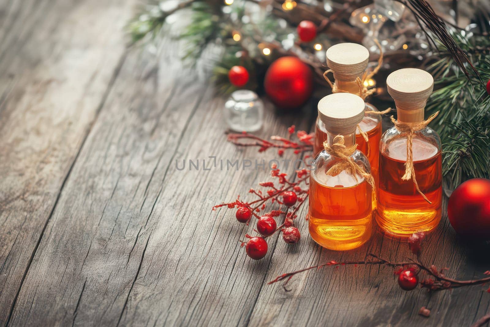 A wooden table displays three bottles of aromatic oils surrounded by festive decorations including red ornaments and greenery for the holidays.