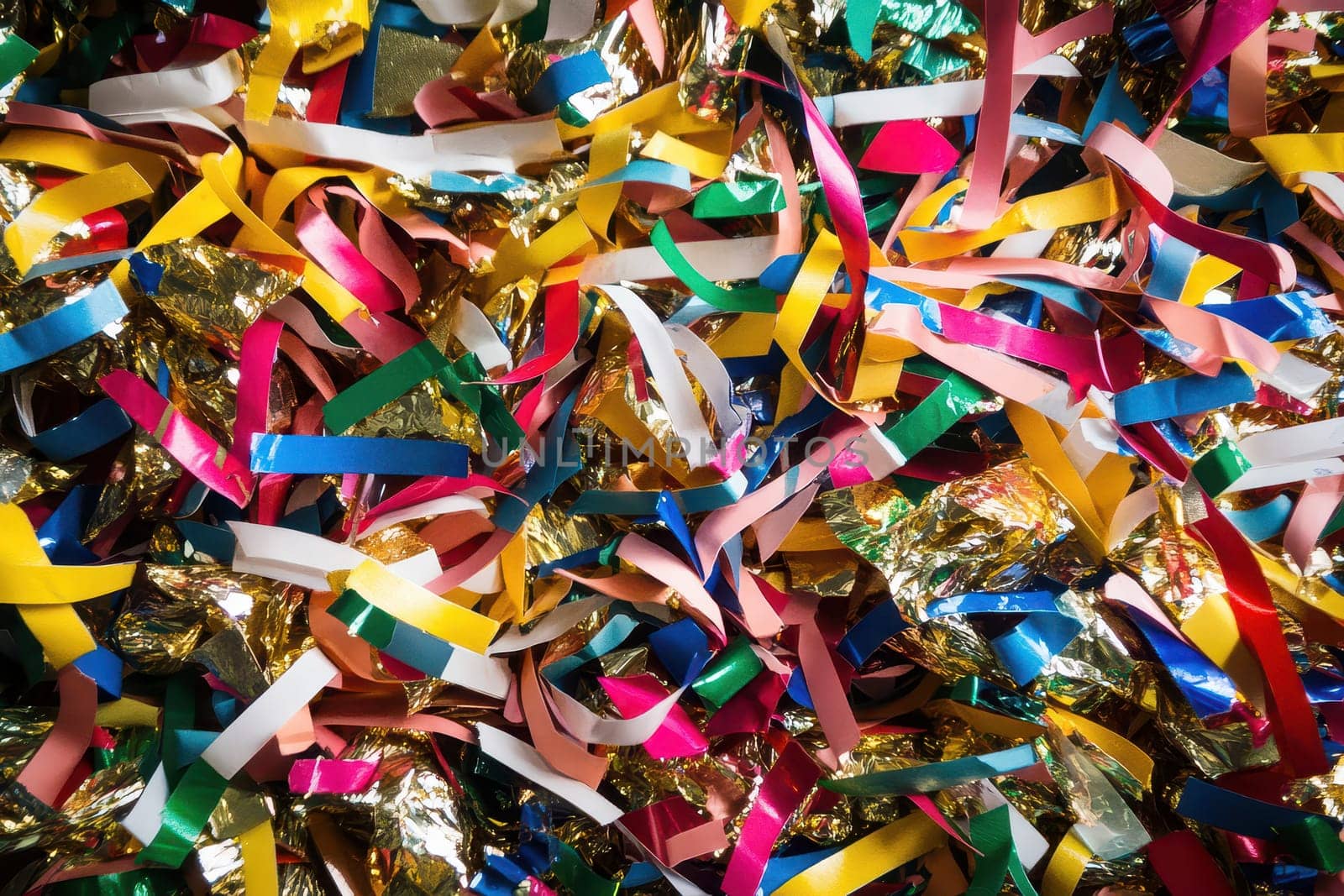 Brightly colored confetti and shiny decorations are scattered across the floor creating a vibrant and festive atmosphere for celebrations.