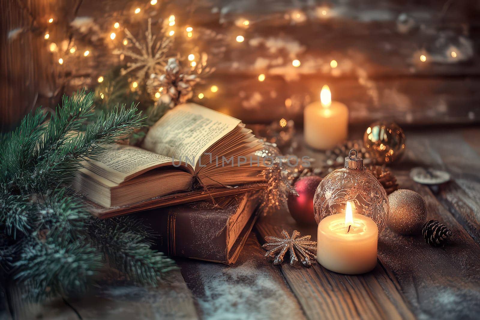 A warm and inviting setup featuring candles festive ornaments and open books surrounded by green pine branches during the holiday season.
