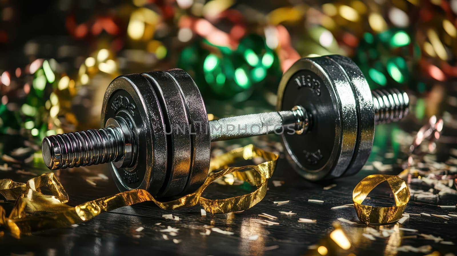 A heavy dumbbell rests on a table surrounded by vibrant party decorations indicating a festive occasion for fitness enthusiasts.