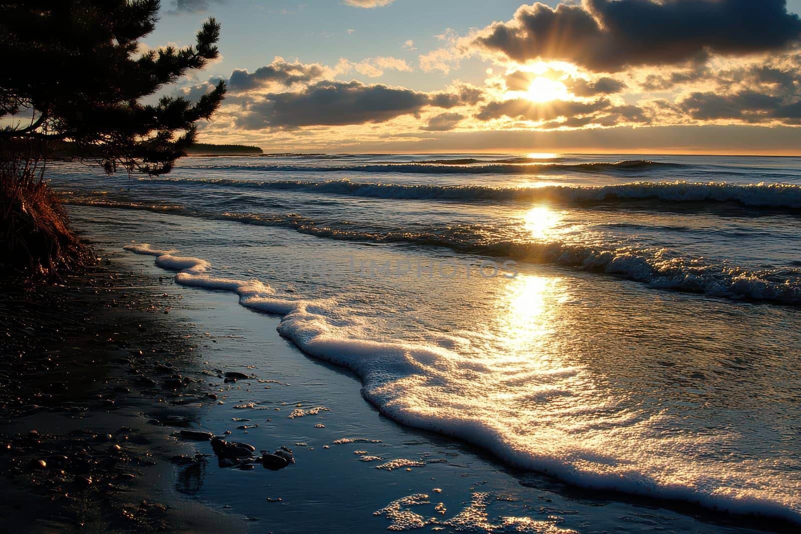 A beautiful sunset casts golden hues over soft waves lapping at the shoreline creating a tranquil atmosphere by the sea.